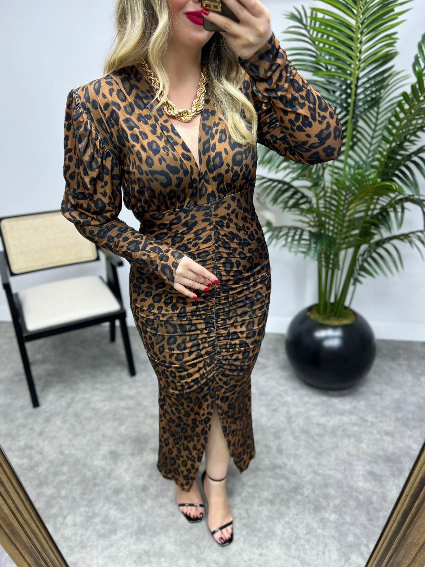 KARPUZ KOL VATKALI LEOPAR DESENLİ ELBİSE