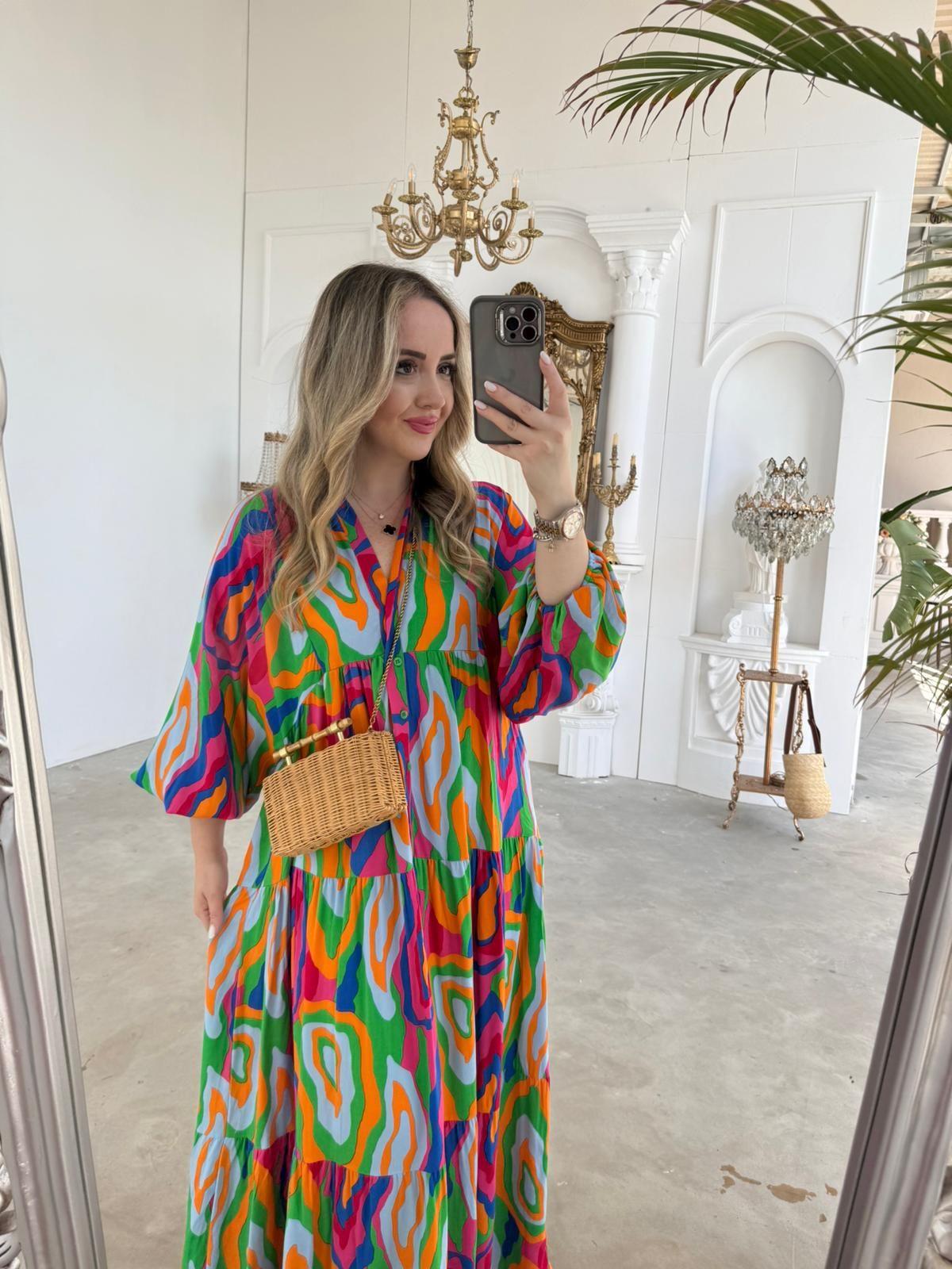 KATLEYA MODEL ÇOK RENKLİ PAMUK VİSKON ELBİSE
