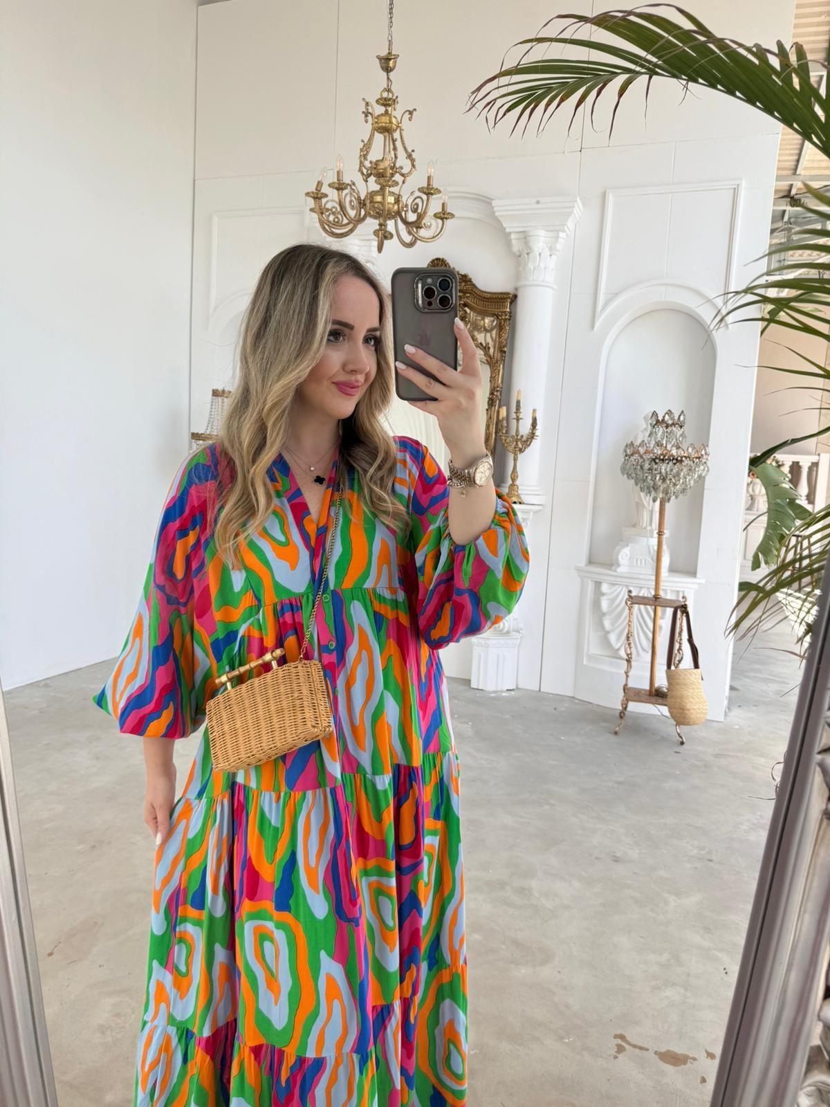 KATLEYA MODEL ÇOK RENKLİ PAMUK VİSKON ELBİSE