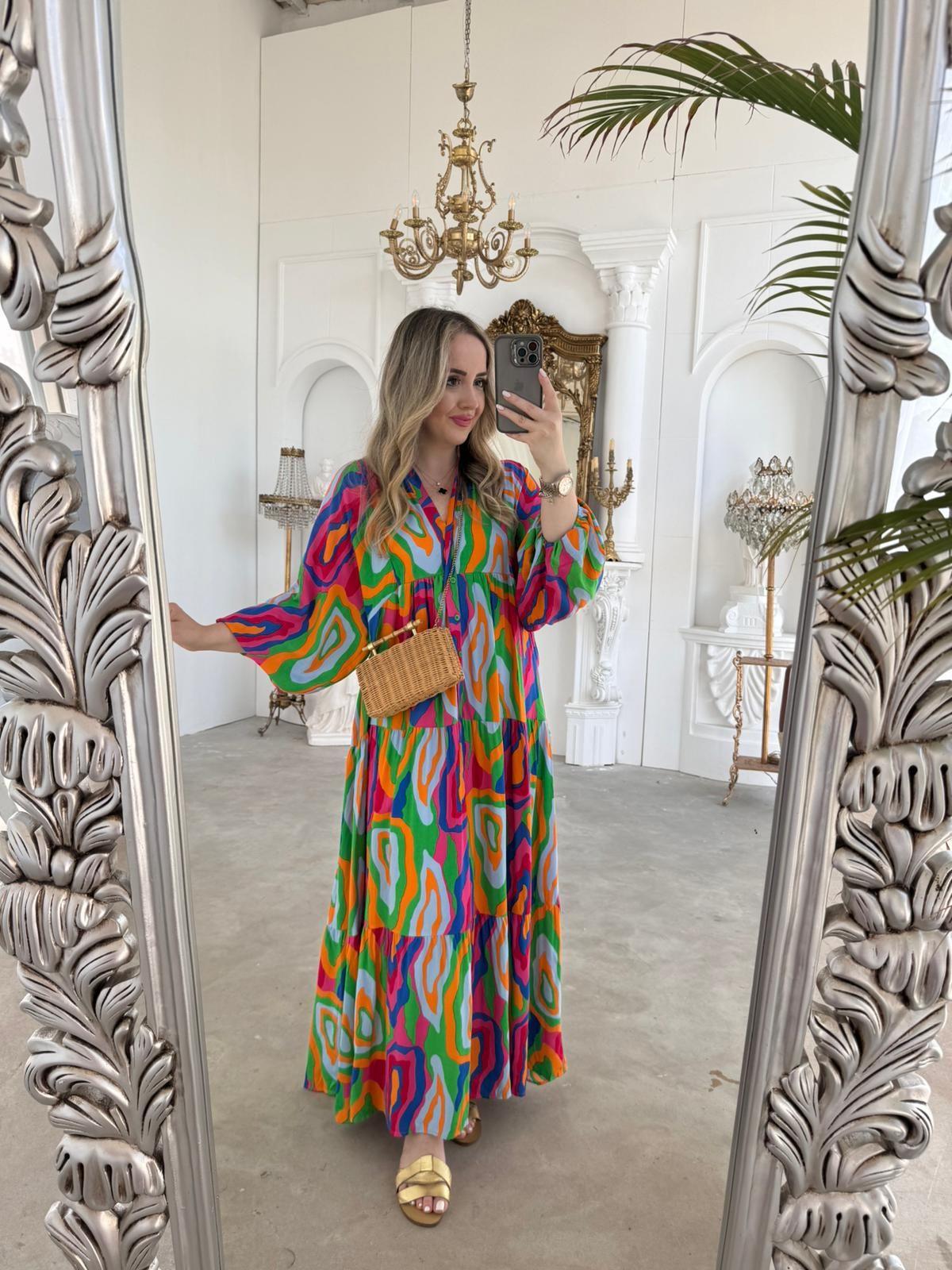 KATLEYA MODEL ÇOK RENKLİ PAMUK VİSKON ELBİSE