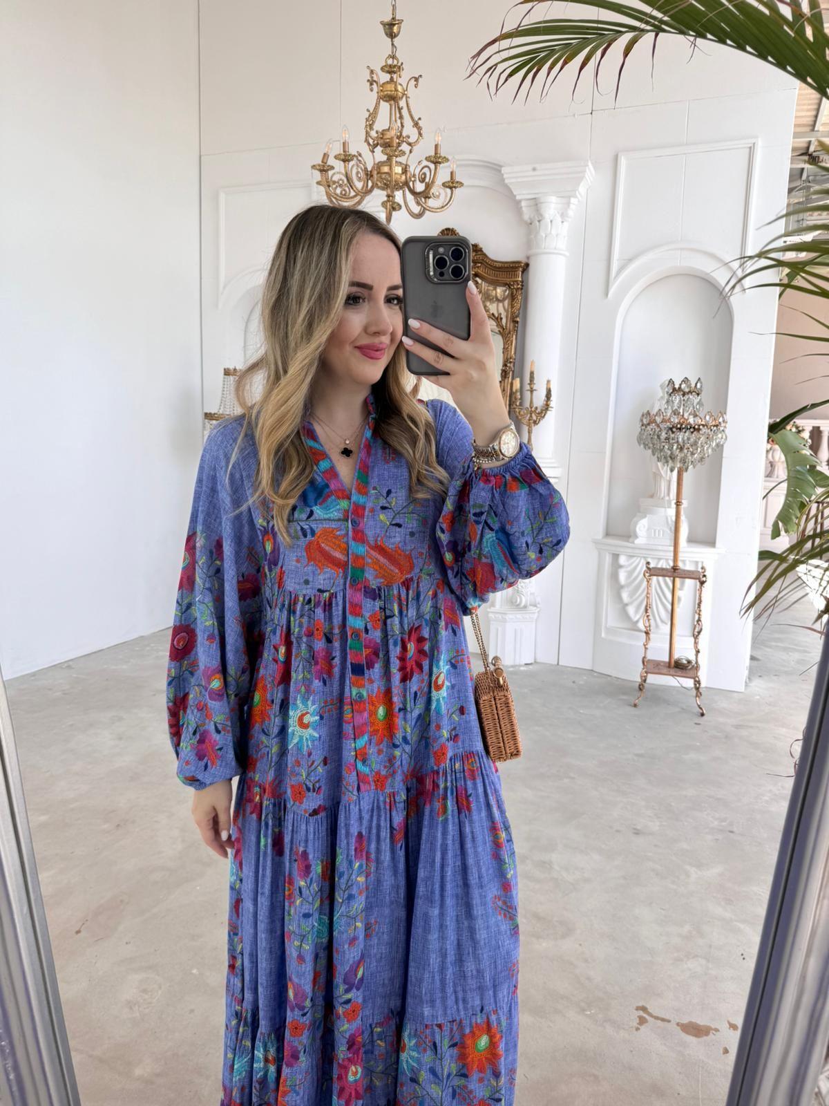 KATLEYA MODEL MAVİ KIRMIZI ÇİÇEKLİ ELBİSE