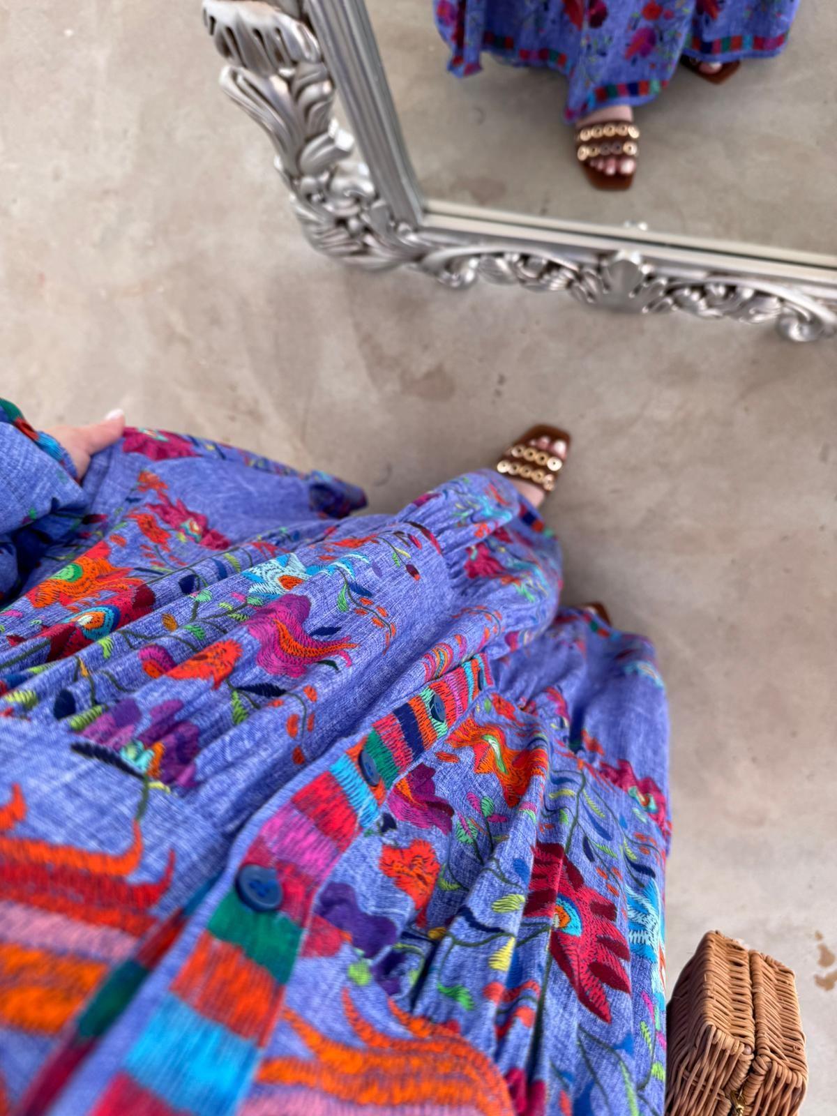 KATLEYA MODEL MAVİ KIRMIZI ÇİÇEKLİ ELBİSE