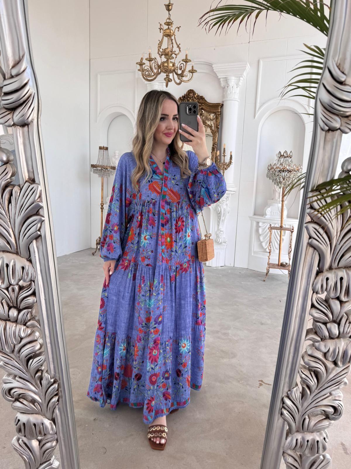 KATLEYA MODEL MAVİ KIRMIZI ÇİÇEKLİ ELBİSE