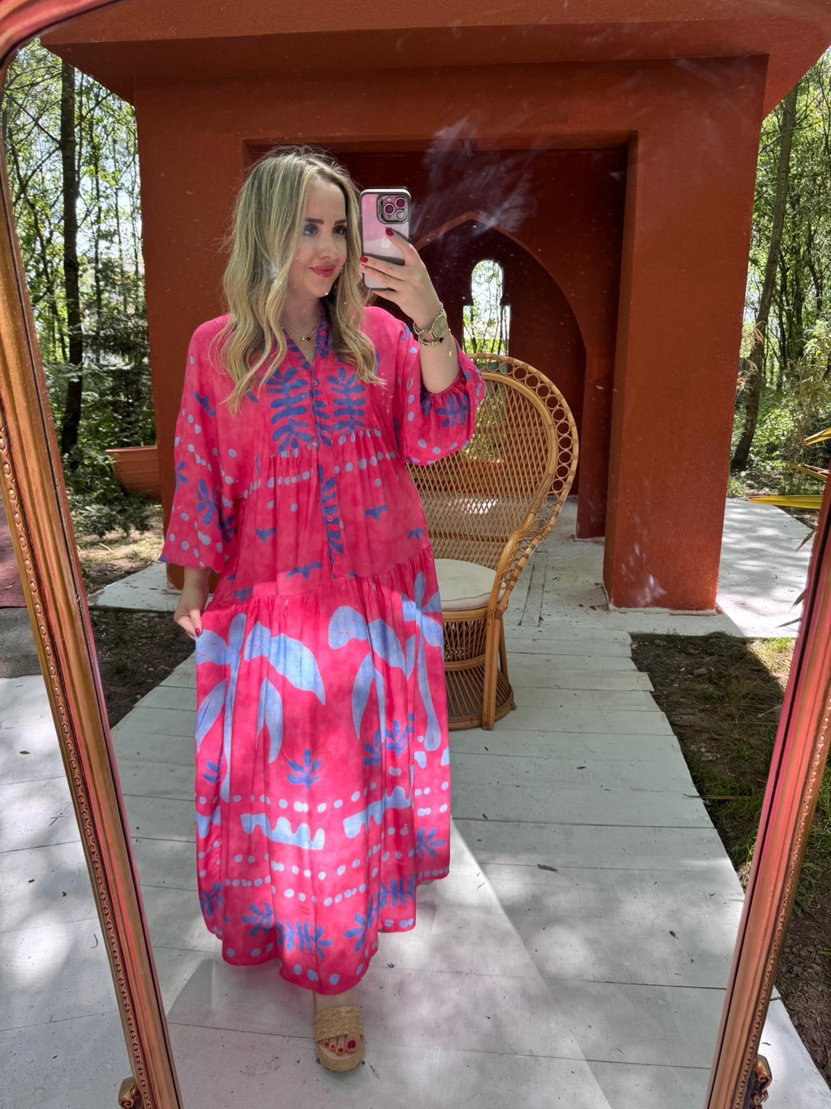 KATLEYA MODEL PEMBE MAVİ DESENLİ ELBİSE
