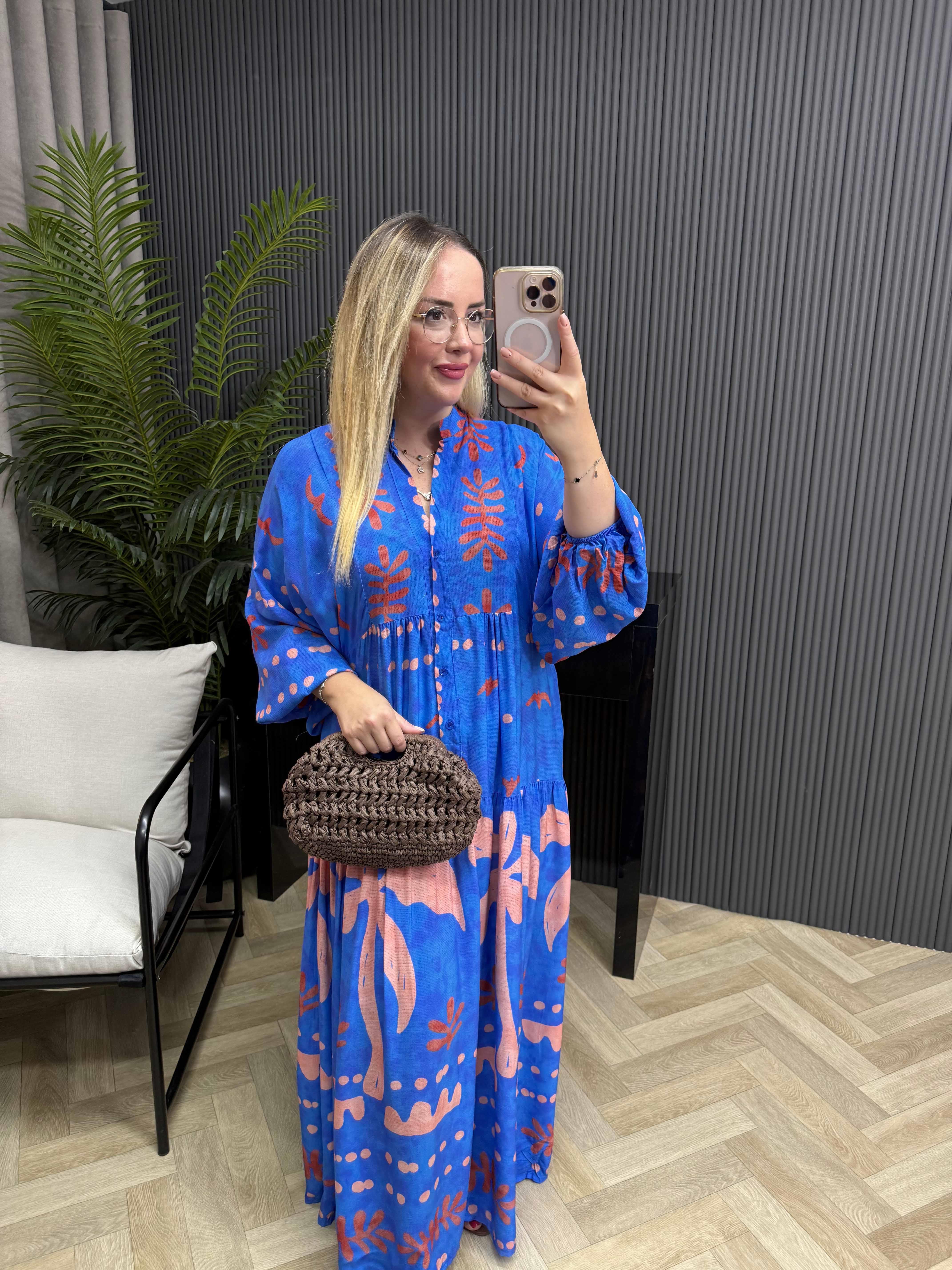 Katleya Model Pembe Mavi Kiremit Desenli Elbise