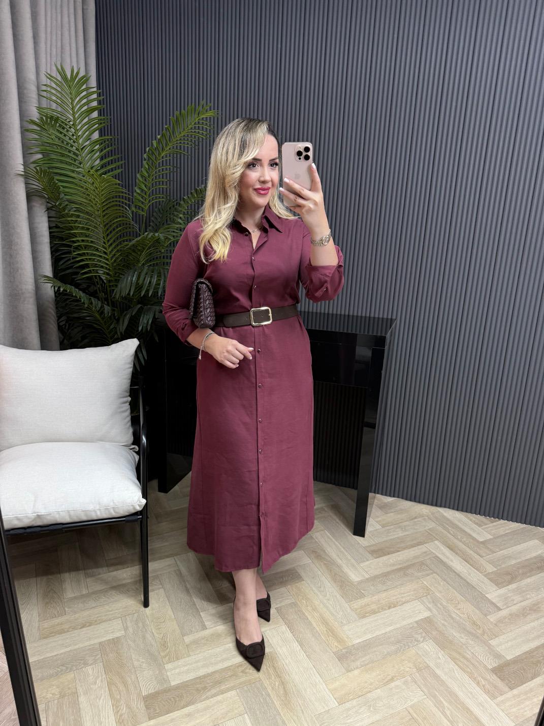 Kemerli Model Kumaş Gömlek Elbise Bordo
