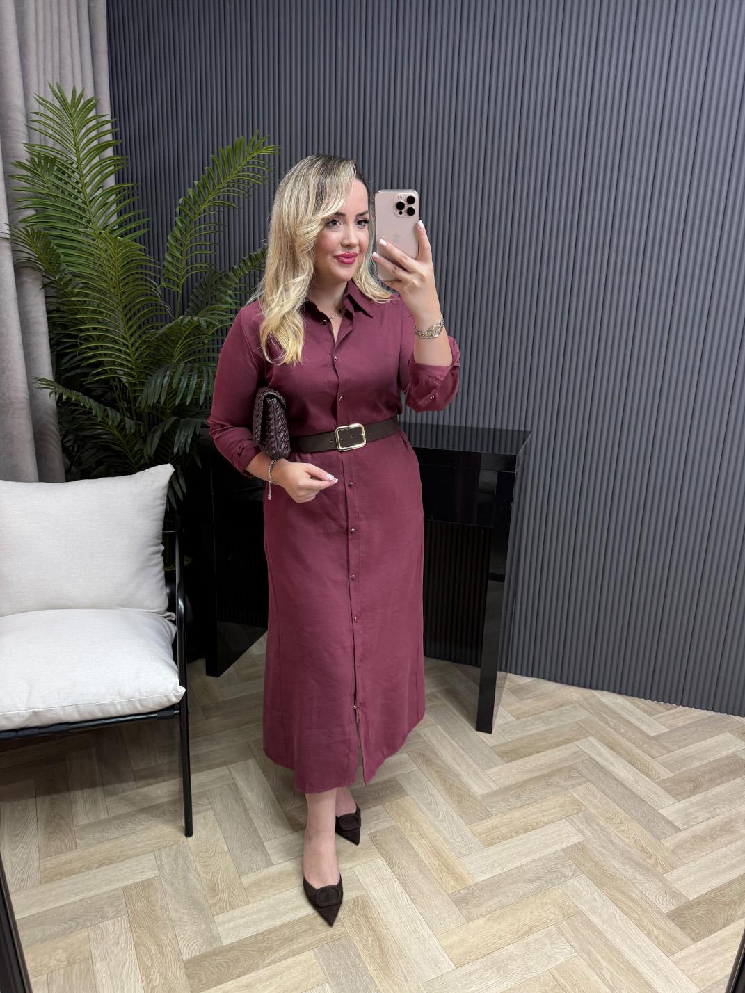 Kemerli Model Kumaş Gömlek Elbise Bordo