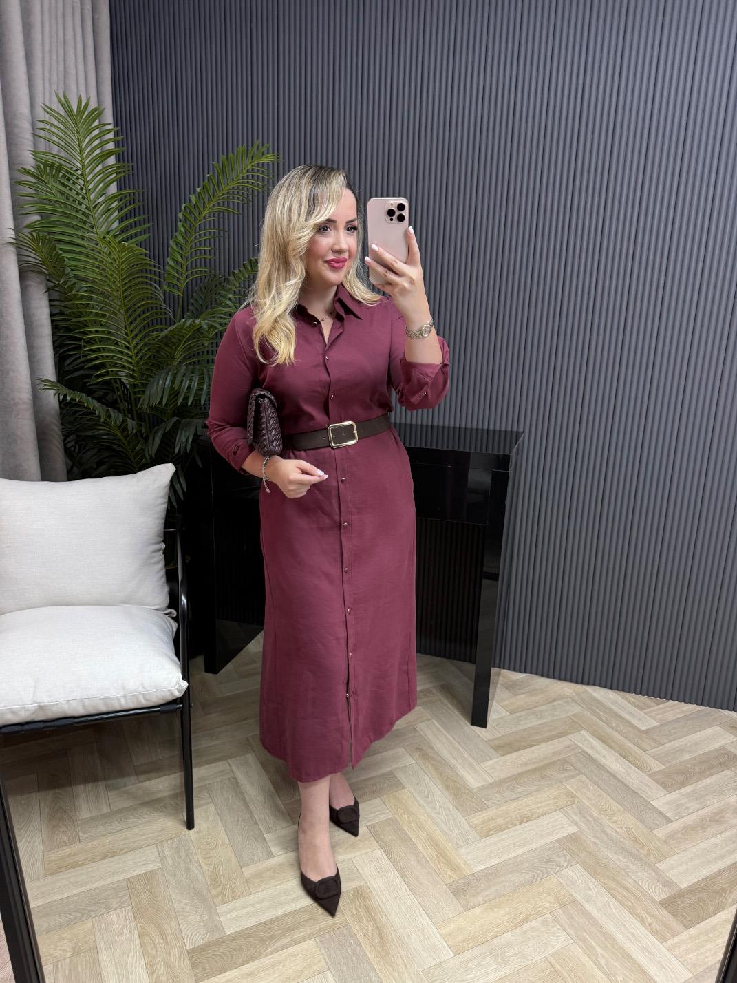 Kemerli Model Kumaş Gömlek Elbise Bordo