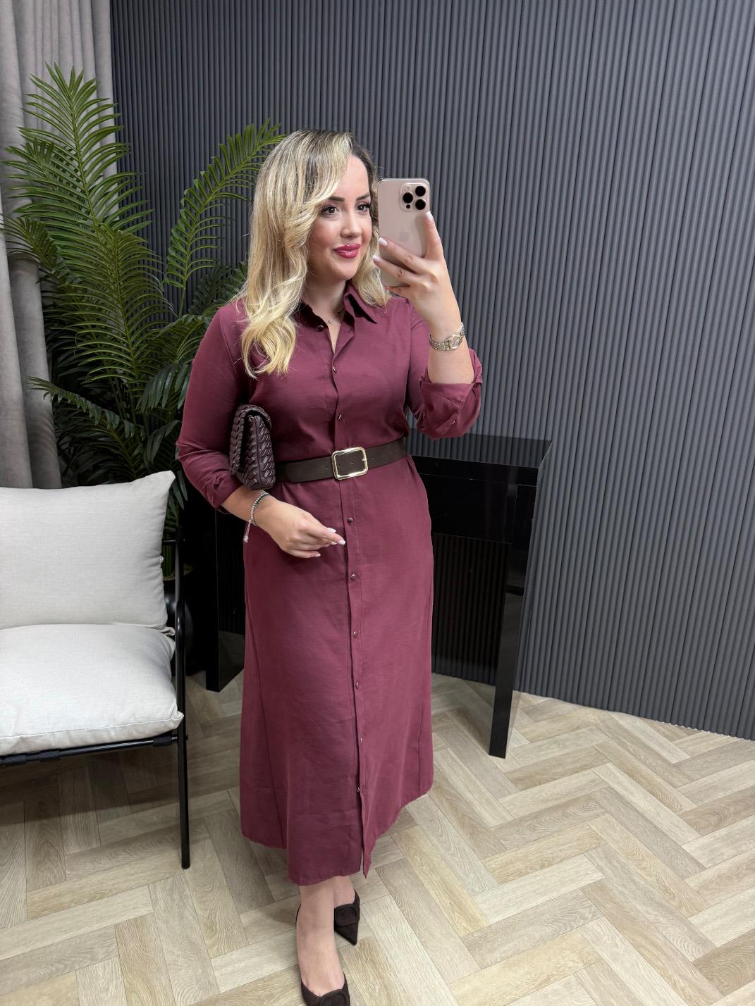 Kemerli Model Kumaş Gömlek Elbise Bordo