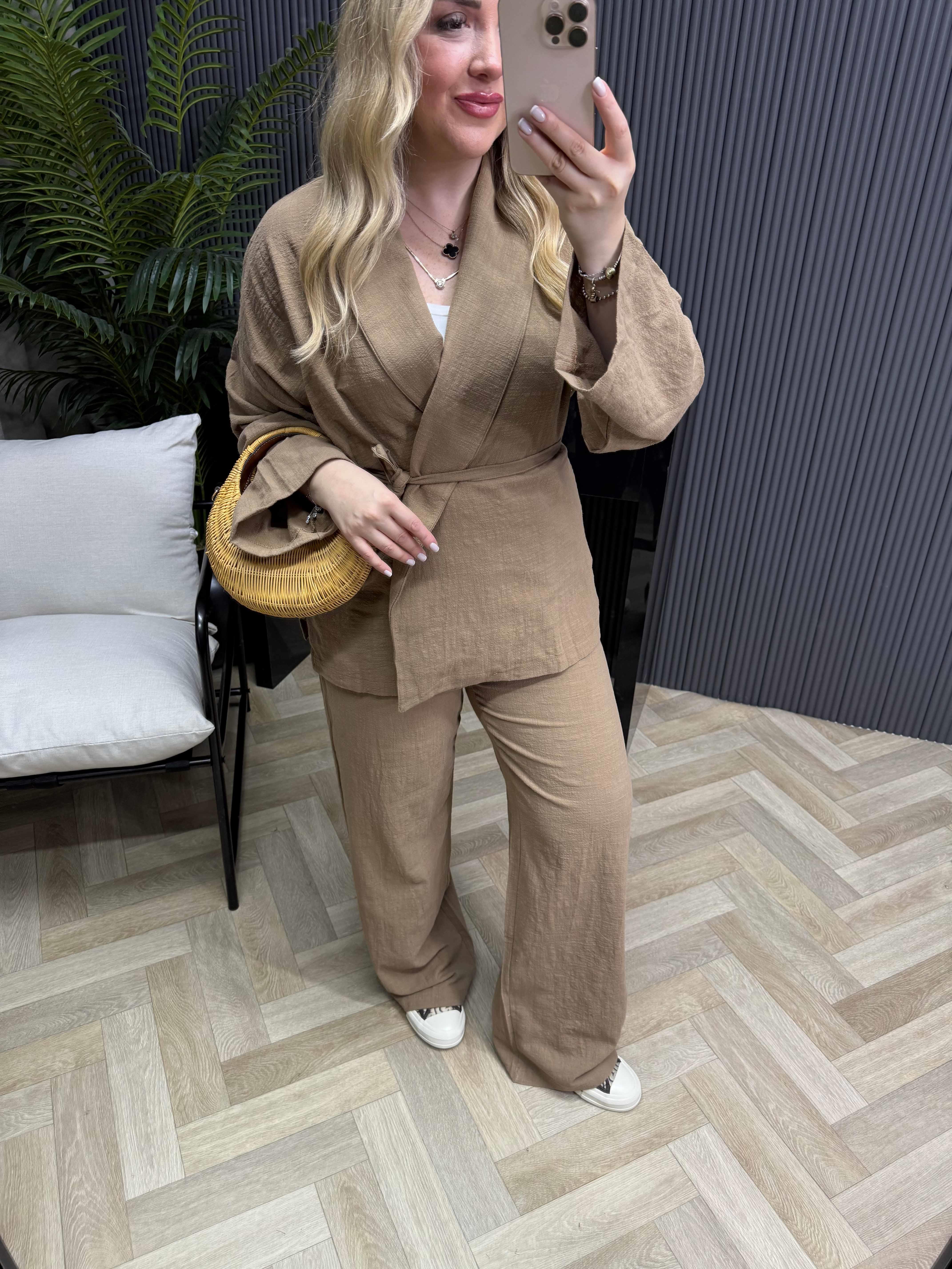 Kimonulu Keten Takım Kahverengi