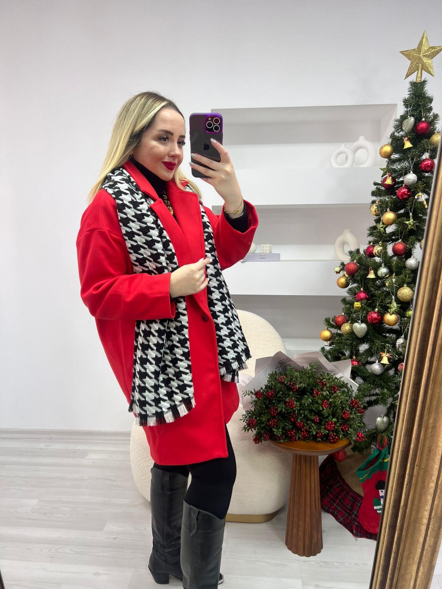 KİRMİZİ KAŞE KABAN OVERSİZE MİDİ BOY