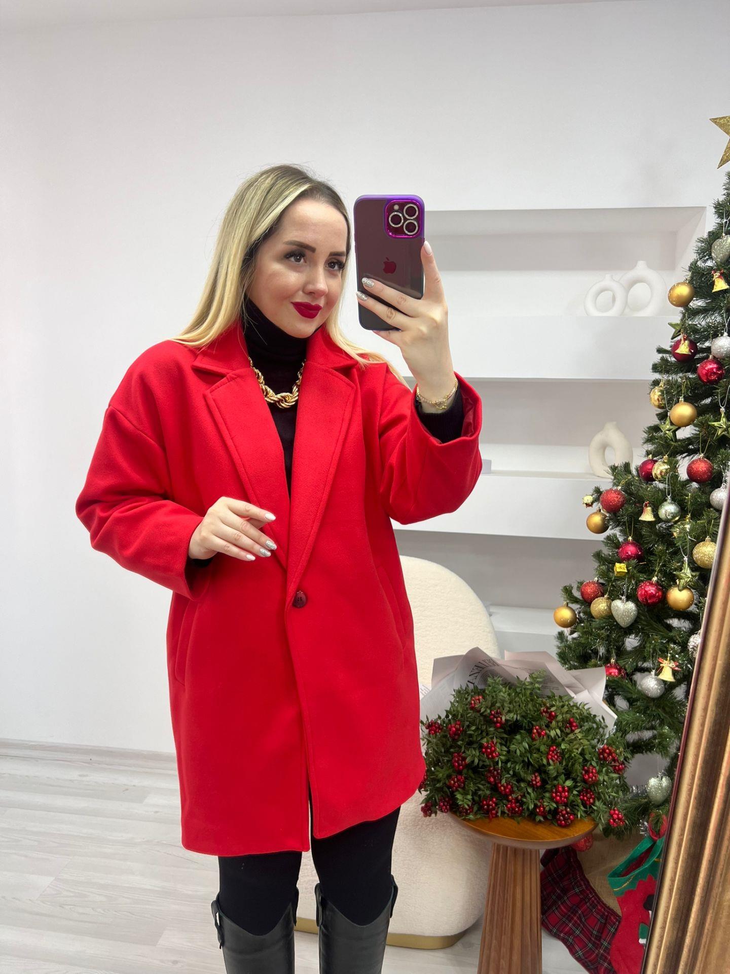 KİRMİZİ KAŞE KABAN OVERSİZE MİDİ BOY