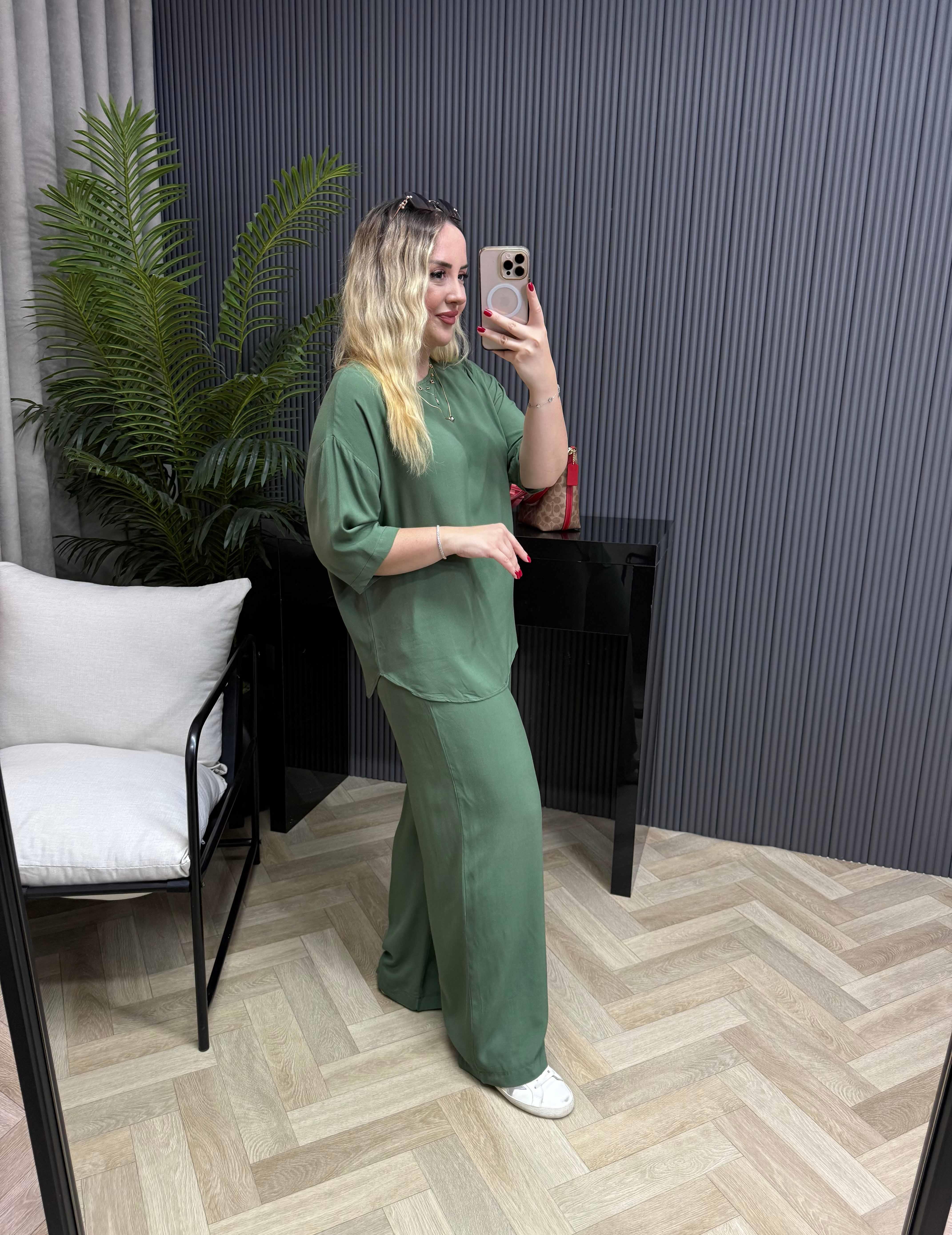 Kısa Kollu Pamuk Viskon Takım Haki