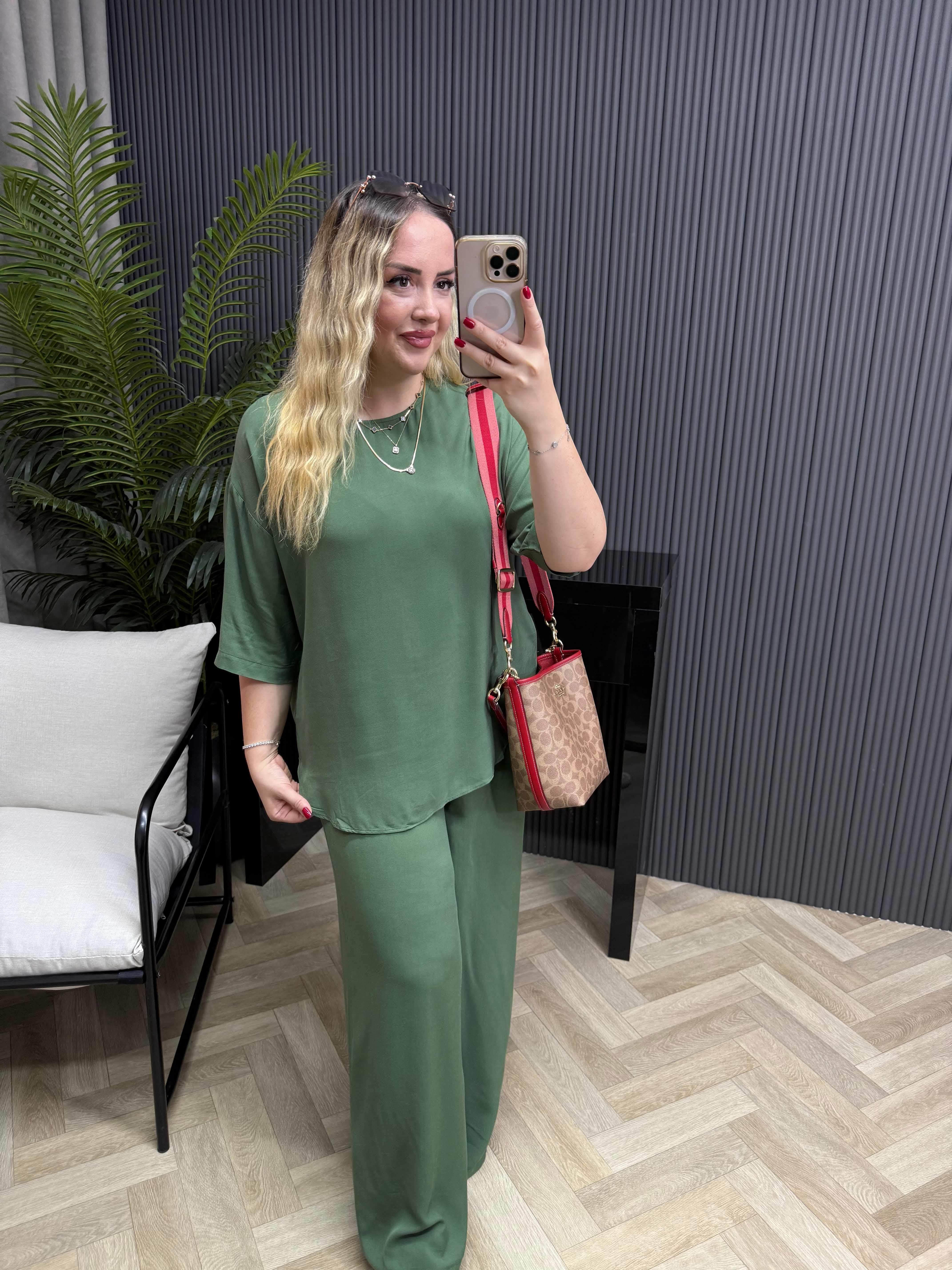 Kısa Kollu Pamuk Viskon Takım Haki