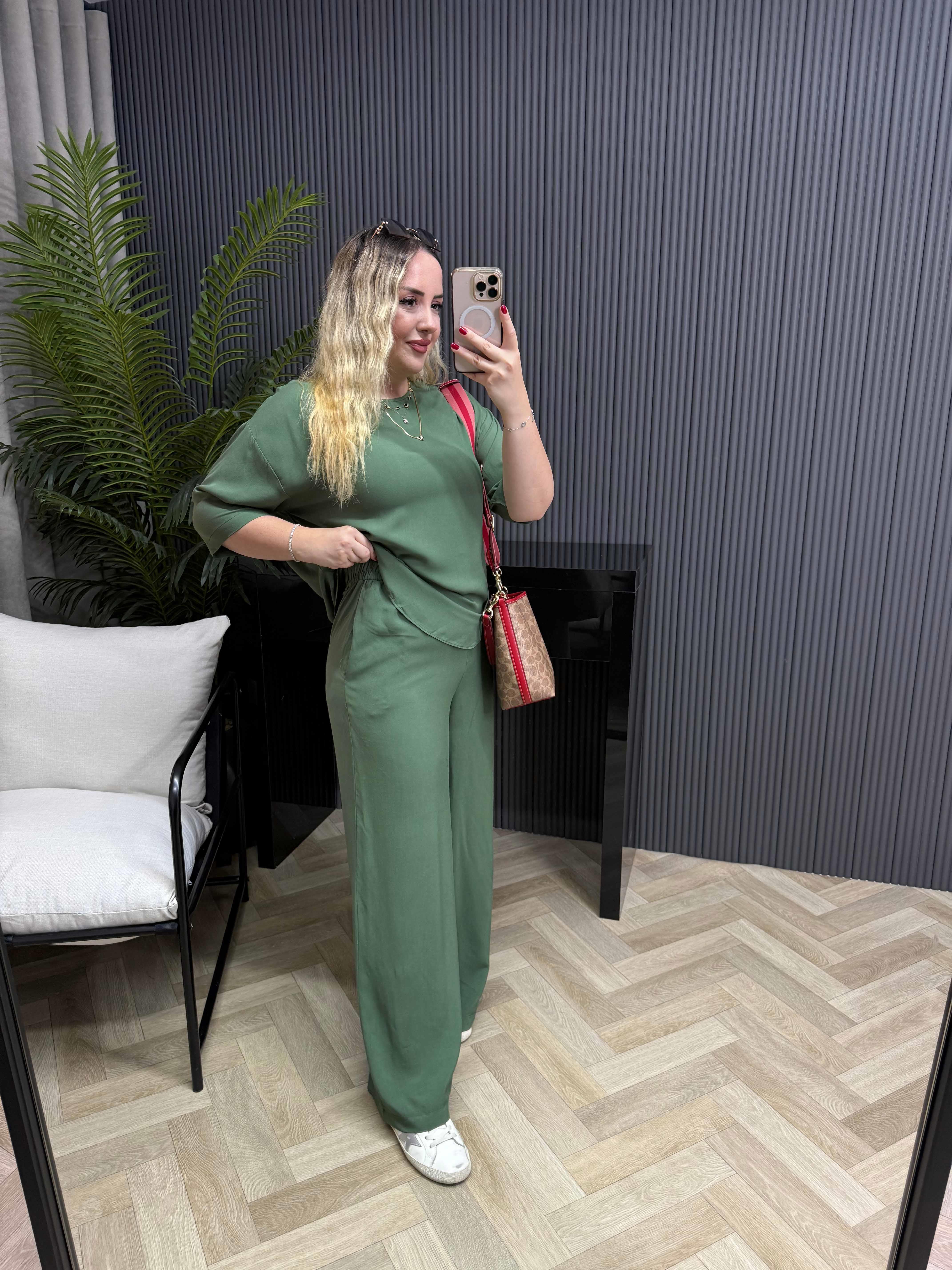 Kısa Kollu Pamuk Viskon Takım Haki