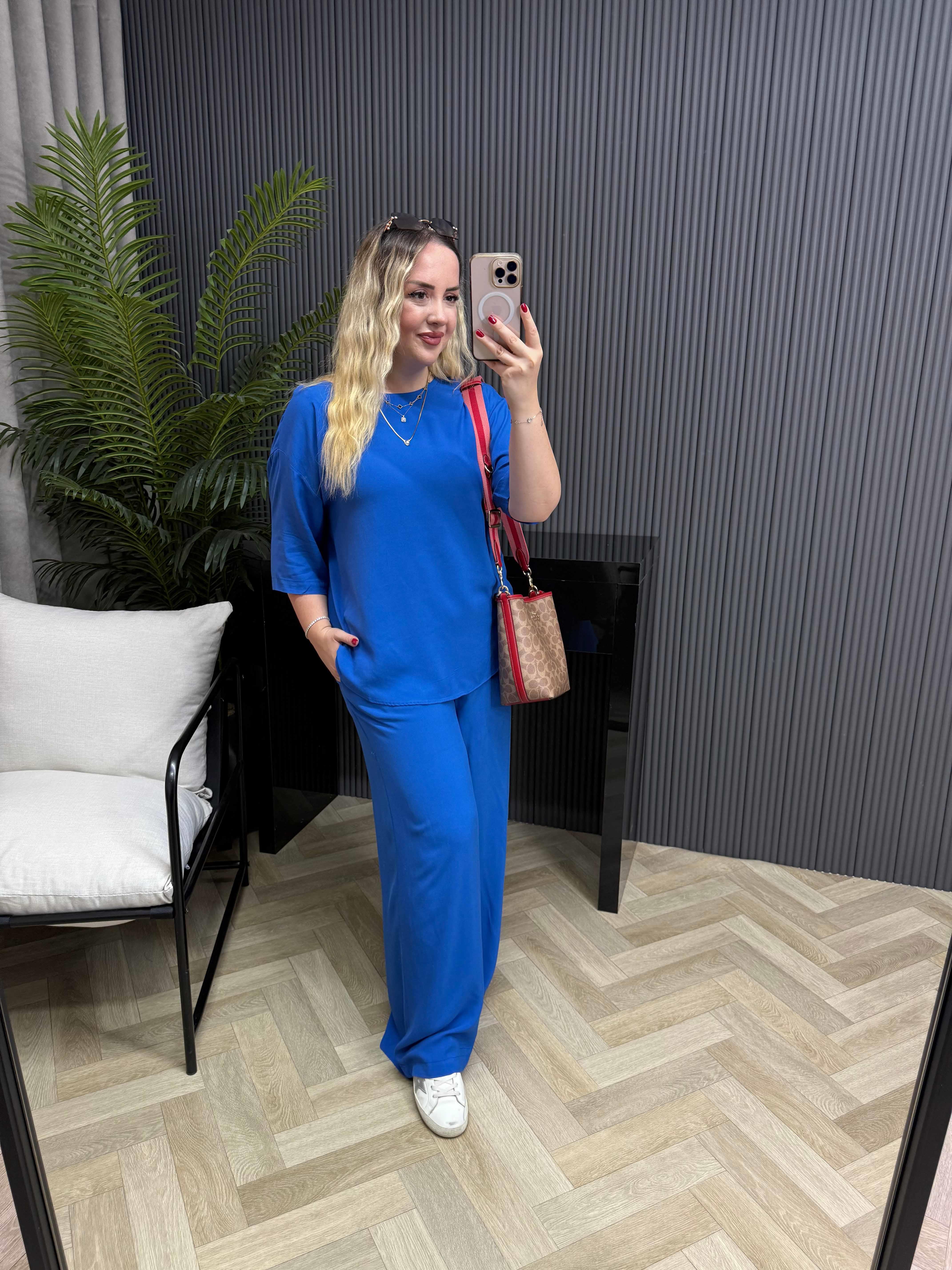 Kısa Kollu Pamuk Viskon Takım Saks Mavi