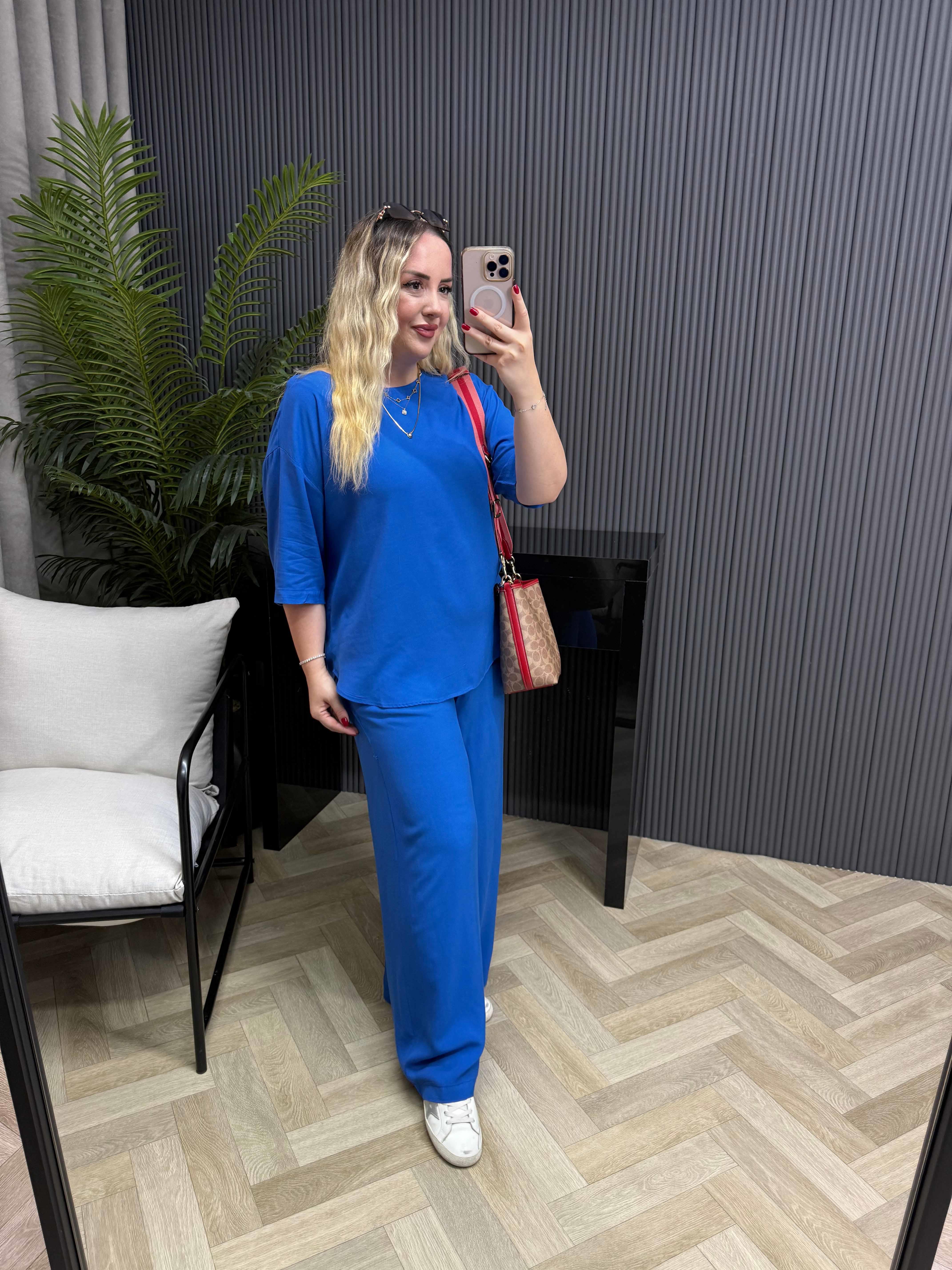 Kısa Kollu Pamuk Viskon Takım Saks Mavi