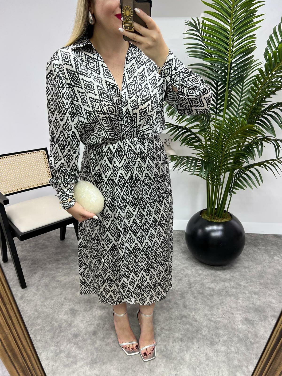 KRUVAZE MODEL İPEK SATEN SİYAH BEYAZ ELBİSE