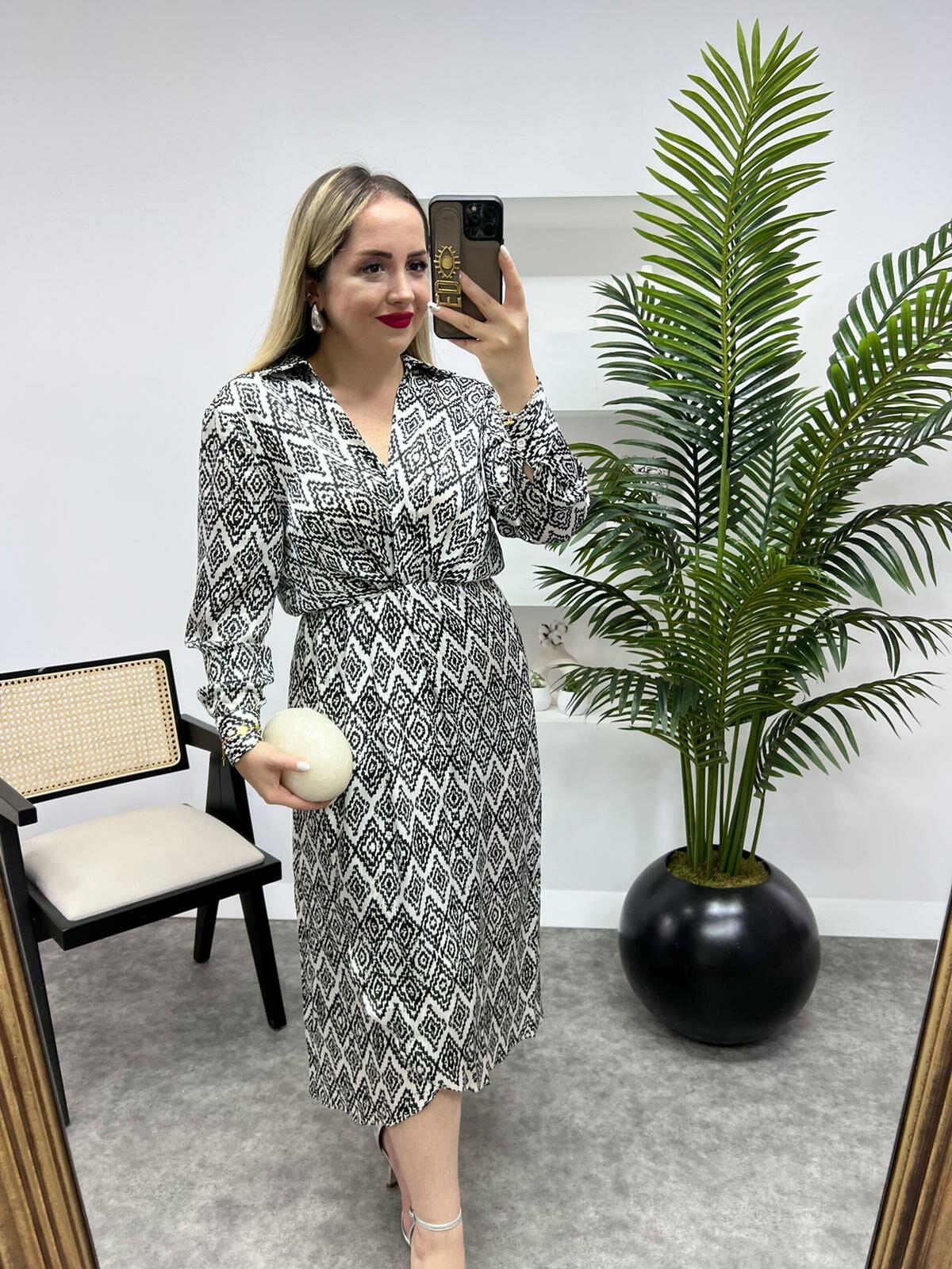 KRUVAZE MODEL İPEK SATEN SİYAH BEYAZ ELBİSE