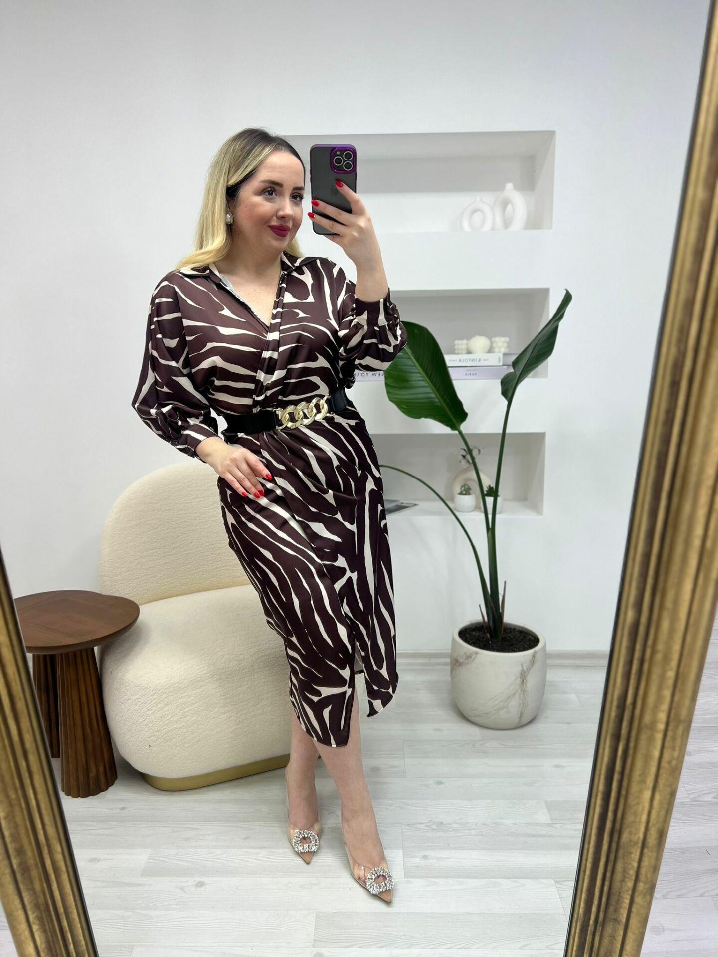 KRUVZE MODEL KEMERLİ ACI KAHVE ZEBRA ELBİSE