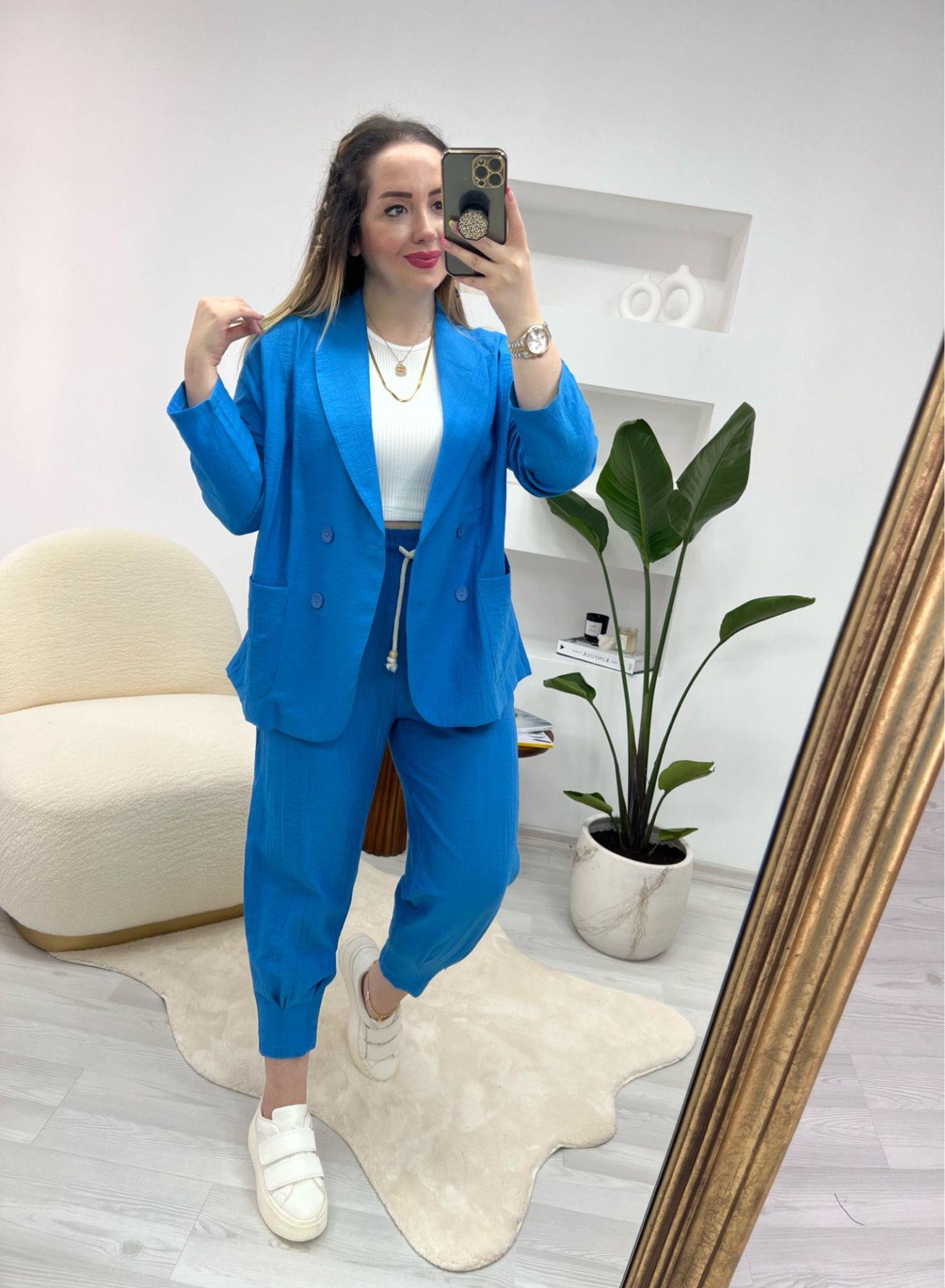 LARA BELİ LASTİKLİ KETEN PANTOLON MAVİ