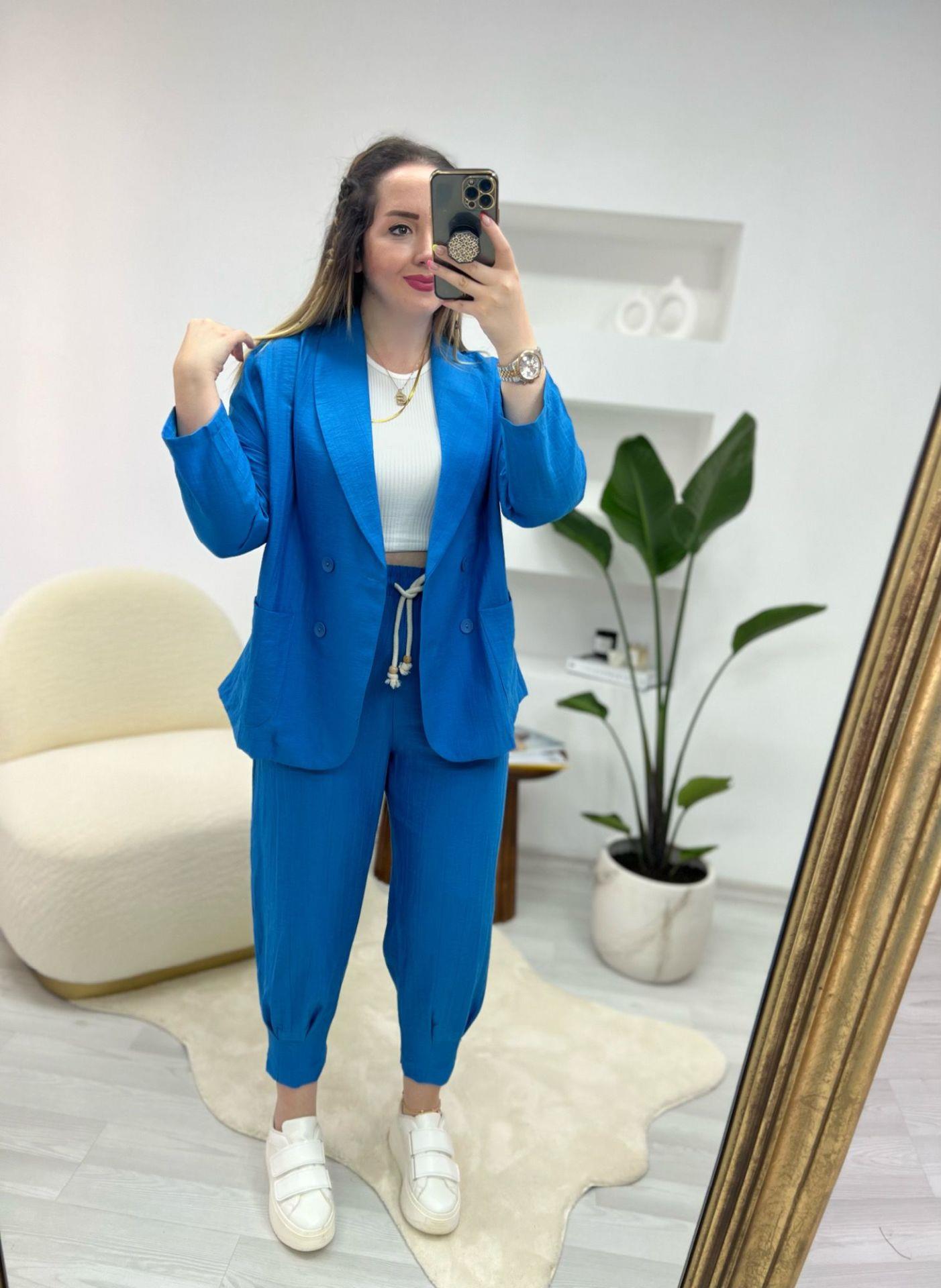 LARA BELİ LASTİKLİ KETEN PANTOLON MAVİ