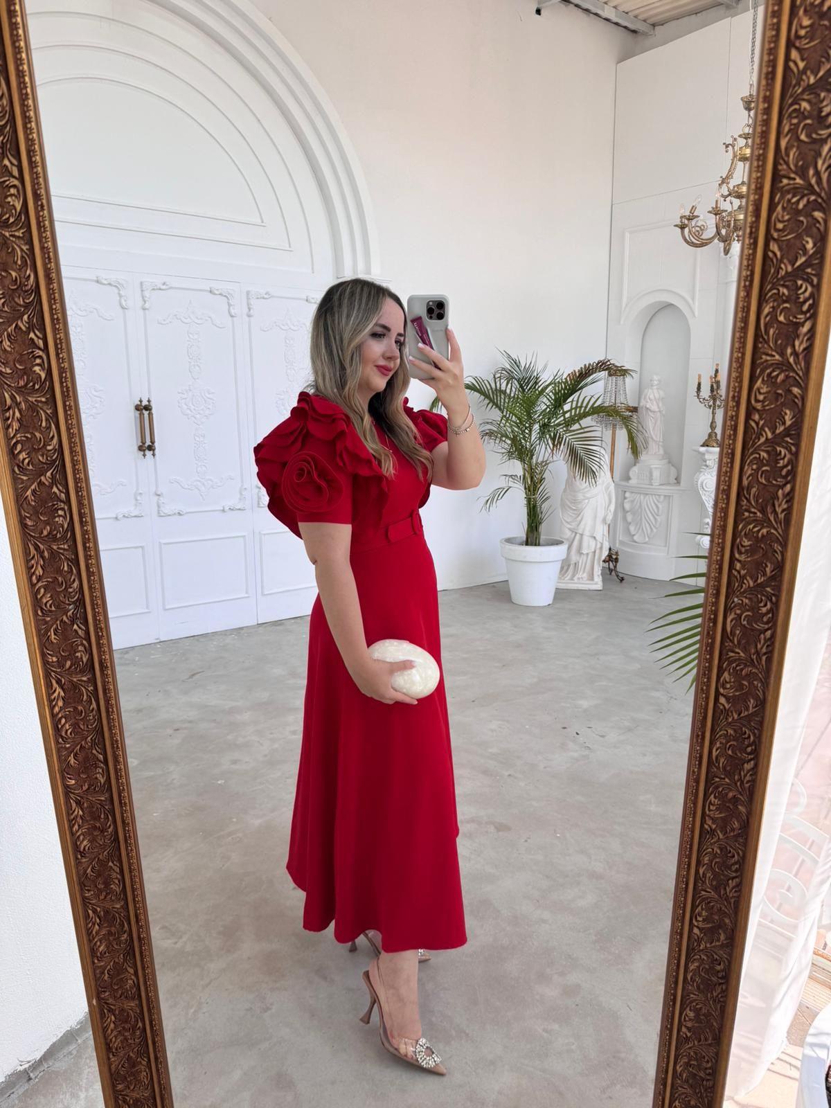 LEONA ÖZEL TASARIM KEMERLİ ELBİSE KIRMIZI