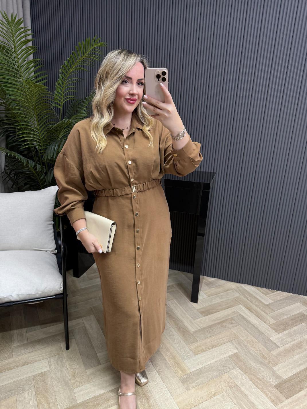 Lina Özel Tensel Kumaş Kemerli Elbise Camel