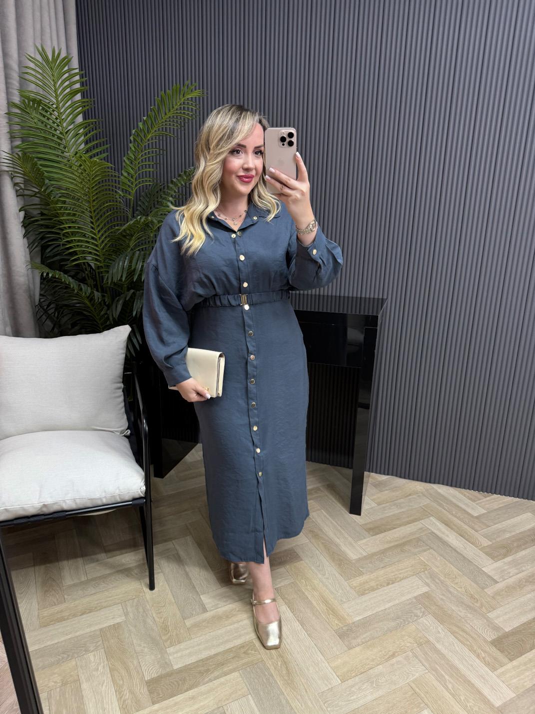 Lina Özel Tensel Kumaş Kemerli Elbise Soft Mavi