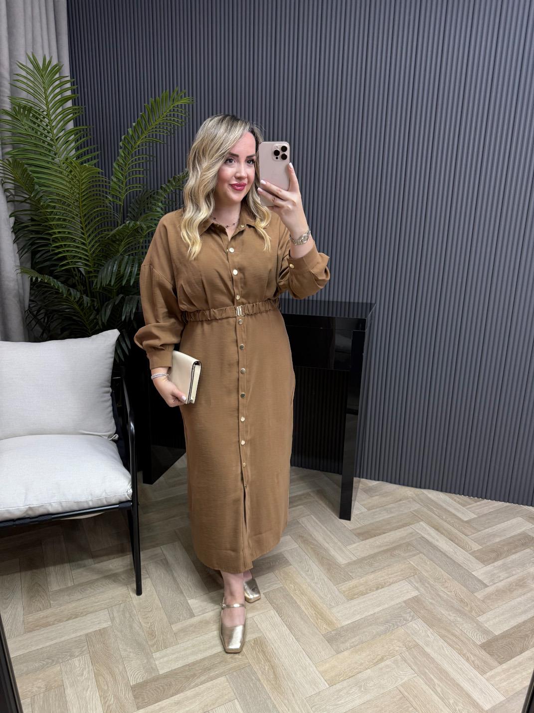 Lina Özel Tensel Kumaş Kemerli Elbise Camel