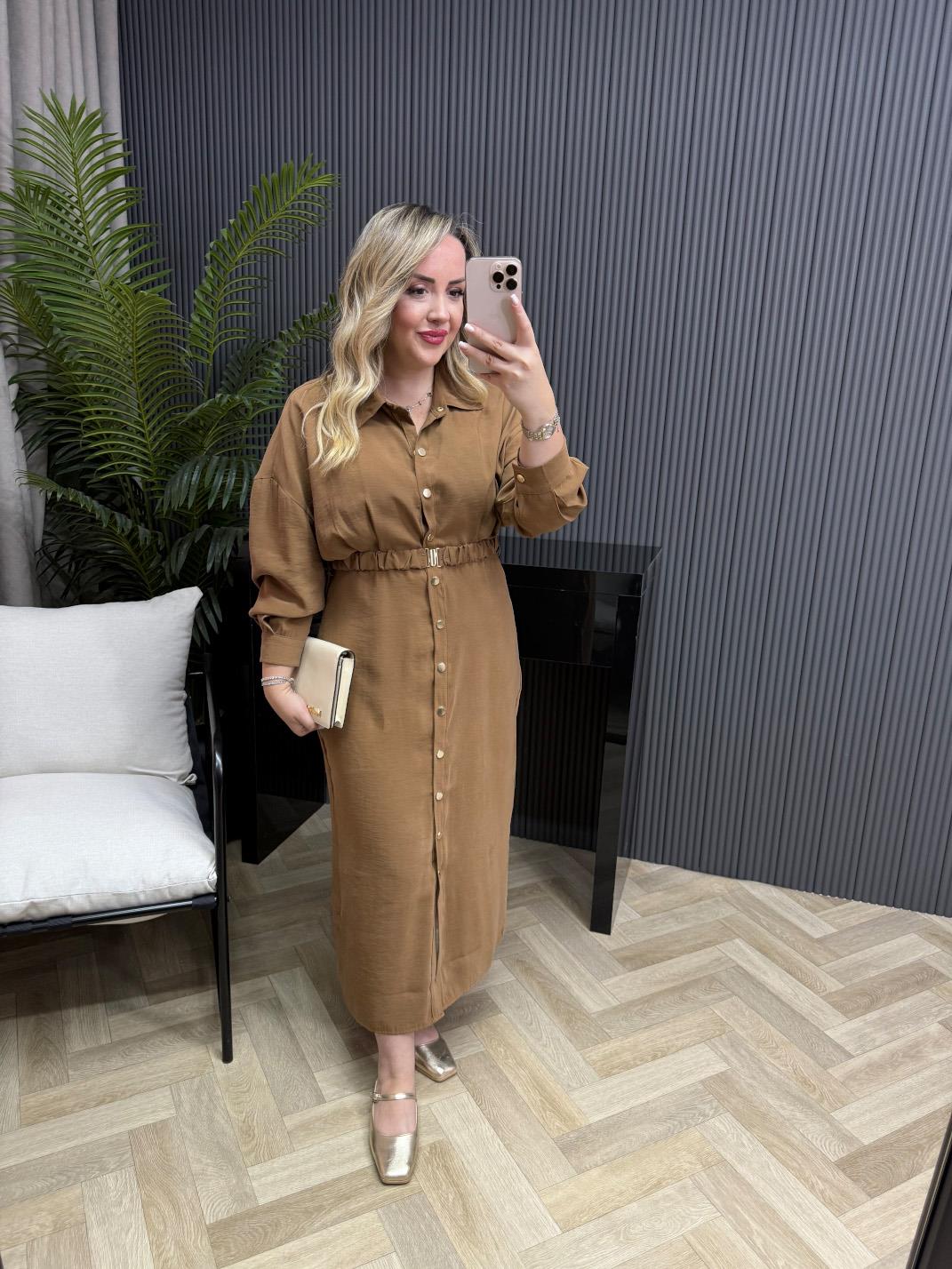 Lina Özel Tensel Kumaş Kemerli Elbise Camel