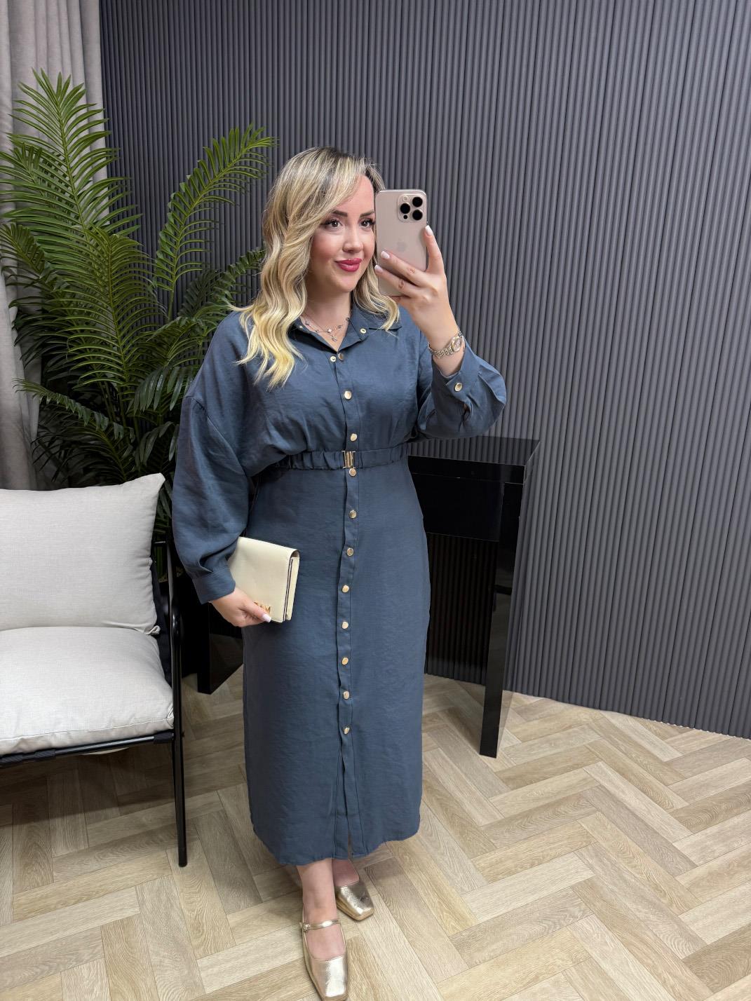 Lina Özel Tensel Kumaş Kemerli Elbise Soft Mavi