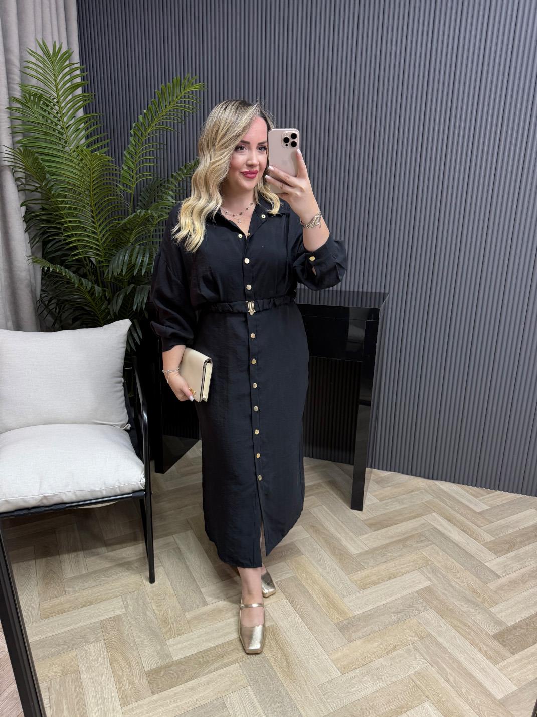 Lina Özel Tensel Kumaş Kemerli Elbise Siyah