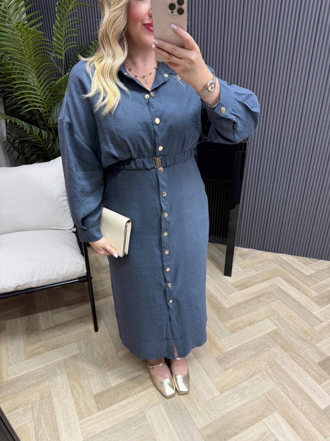 Lina Özel Tensel Kumaş Kemerli Elbise Soft Mavi