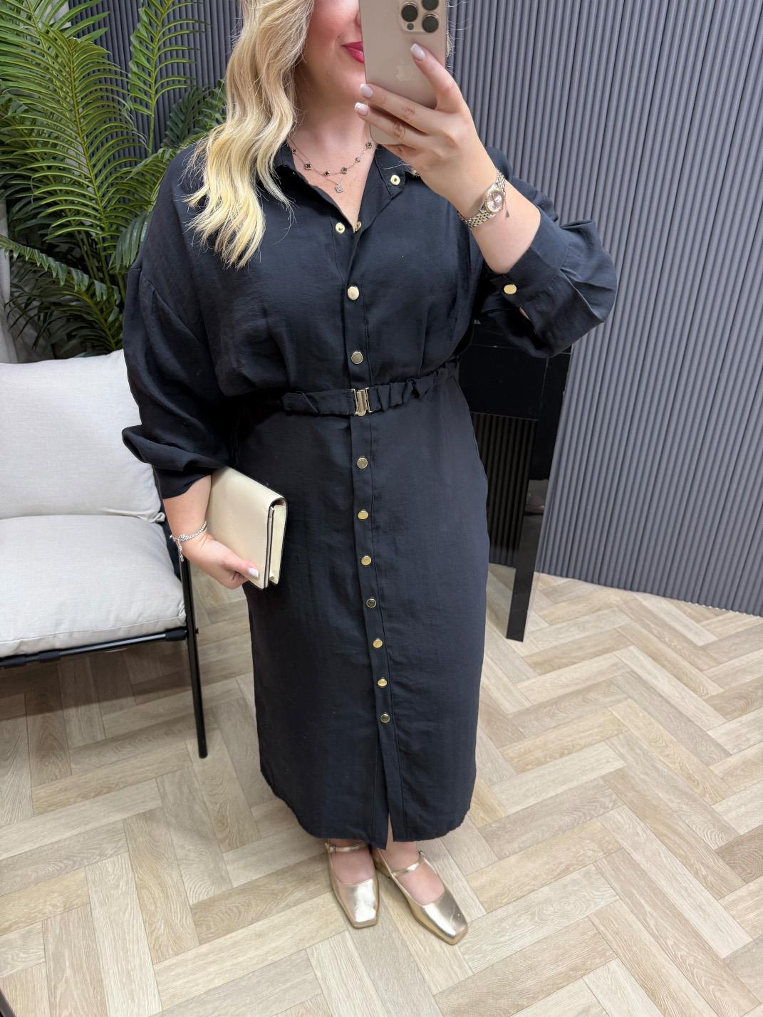 Lina Özel Tensel Kumaş Kemerli Elbise Siyah