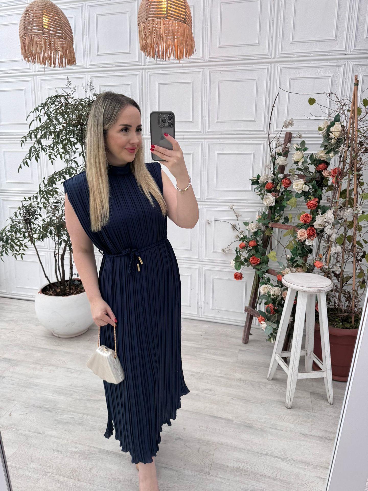 LİNA PİLİSE ÖRGÜ KEMERLİ ELBİSE LACİVERT