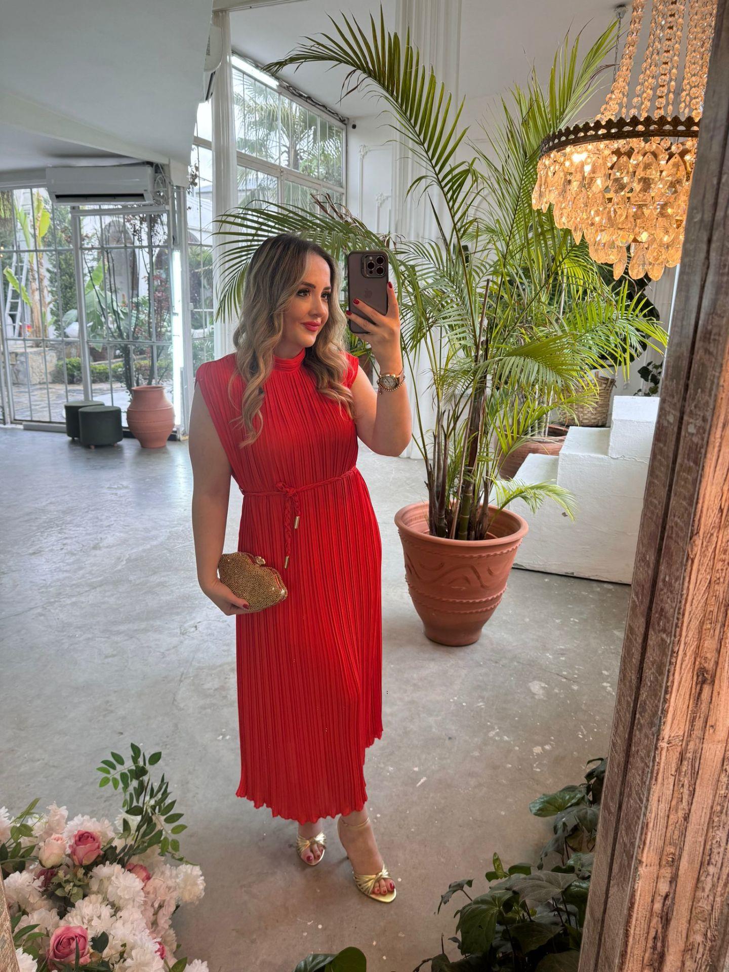 LİNA PİLİSE ÖRGÜ KEMERLİ ELBİSE NAR ÇİÇEĞİ