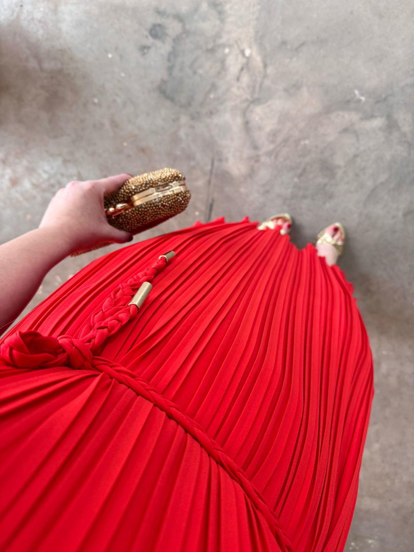 LİNA PİLİSE ÖRGÜ KEMERLİ ELBİSE NAR ÇİÇEĞİ