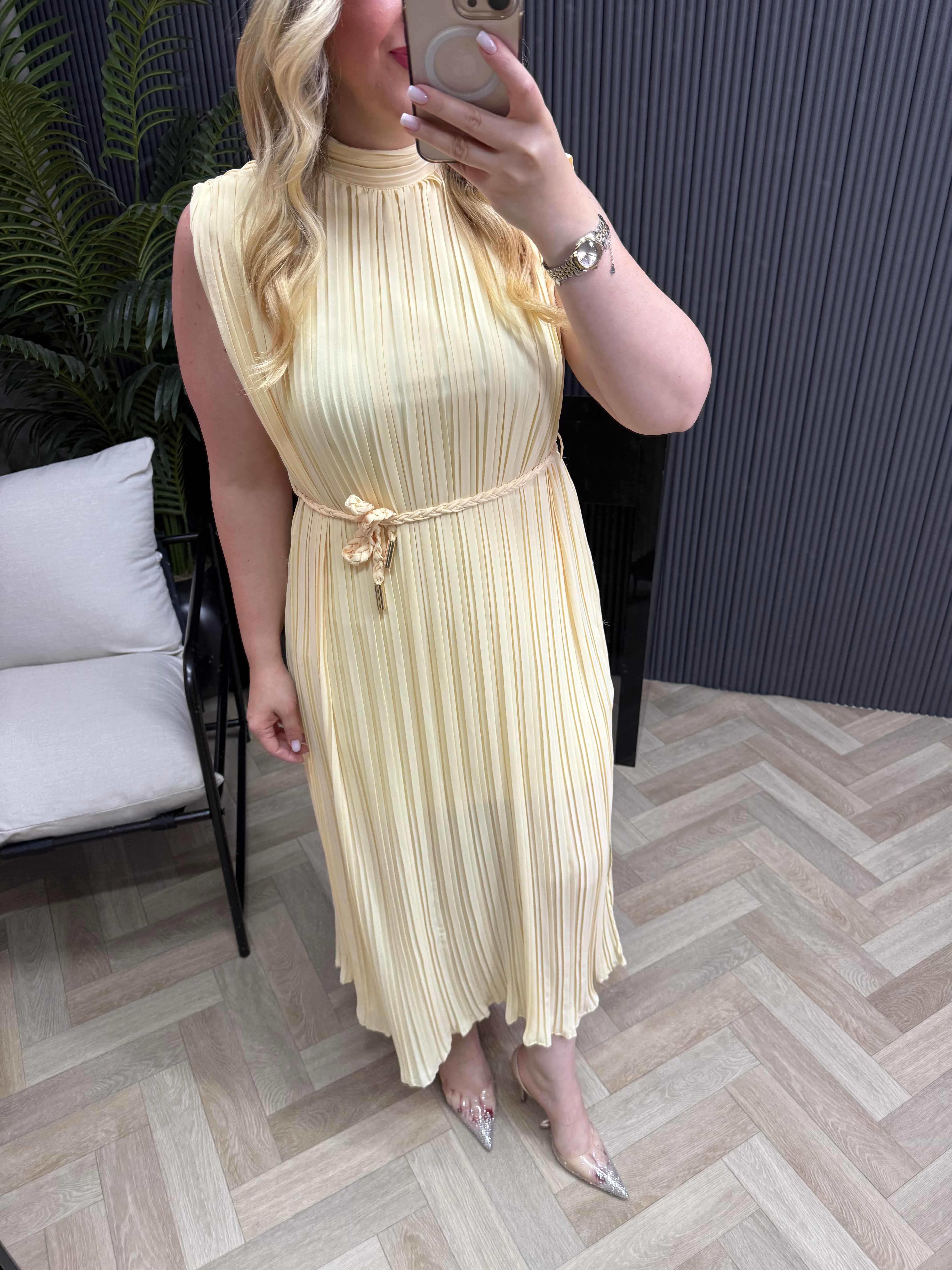 Lina Pilise Örgü Kemerli Elbise Sarı