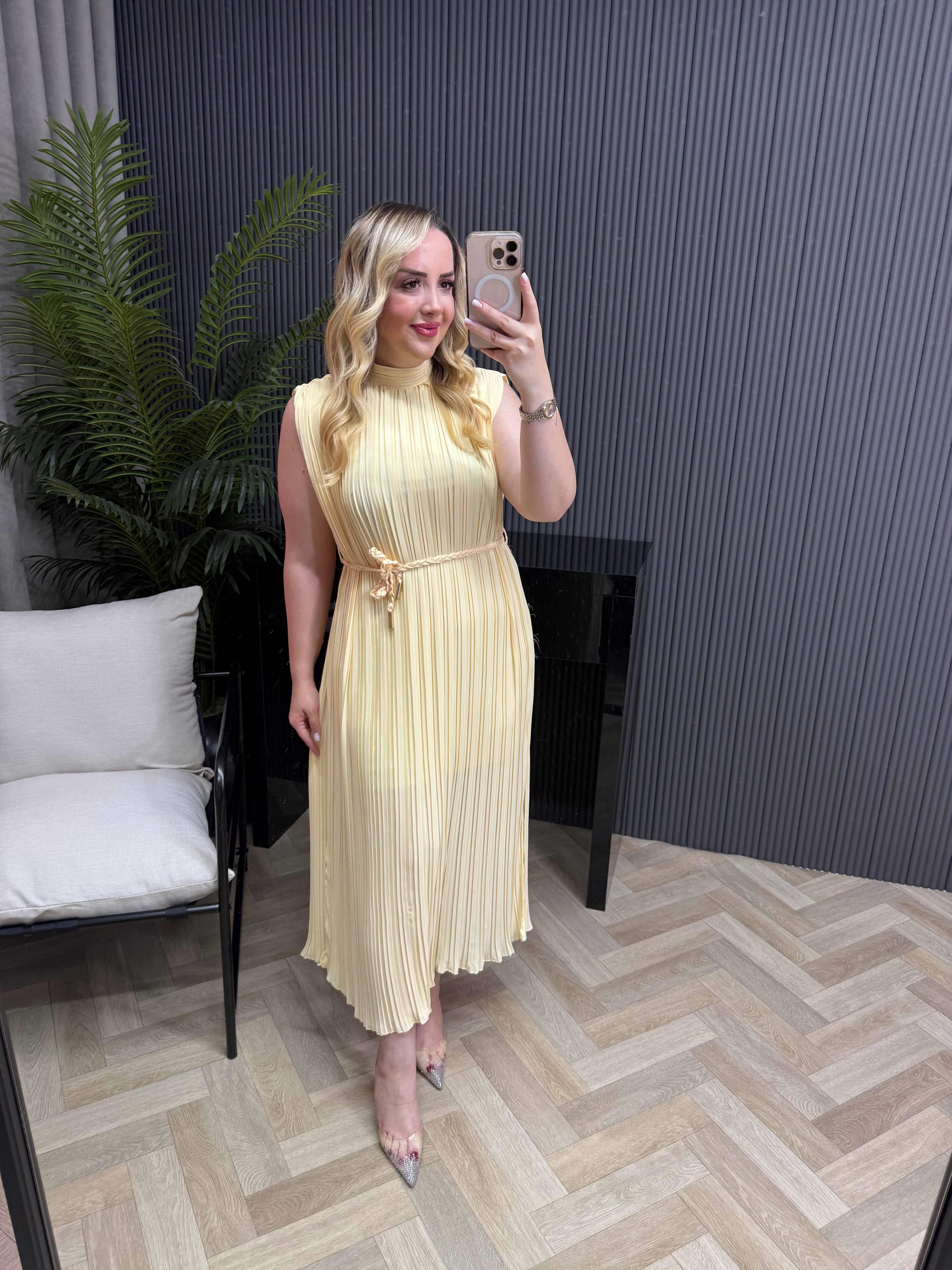 Lina Pilise Örgü Kemerli Elbise Sarı