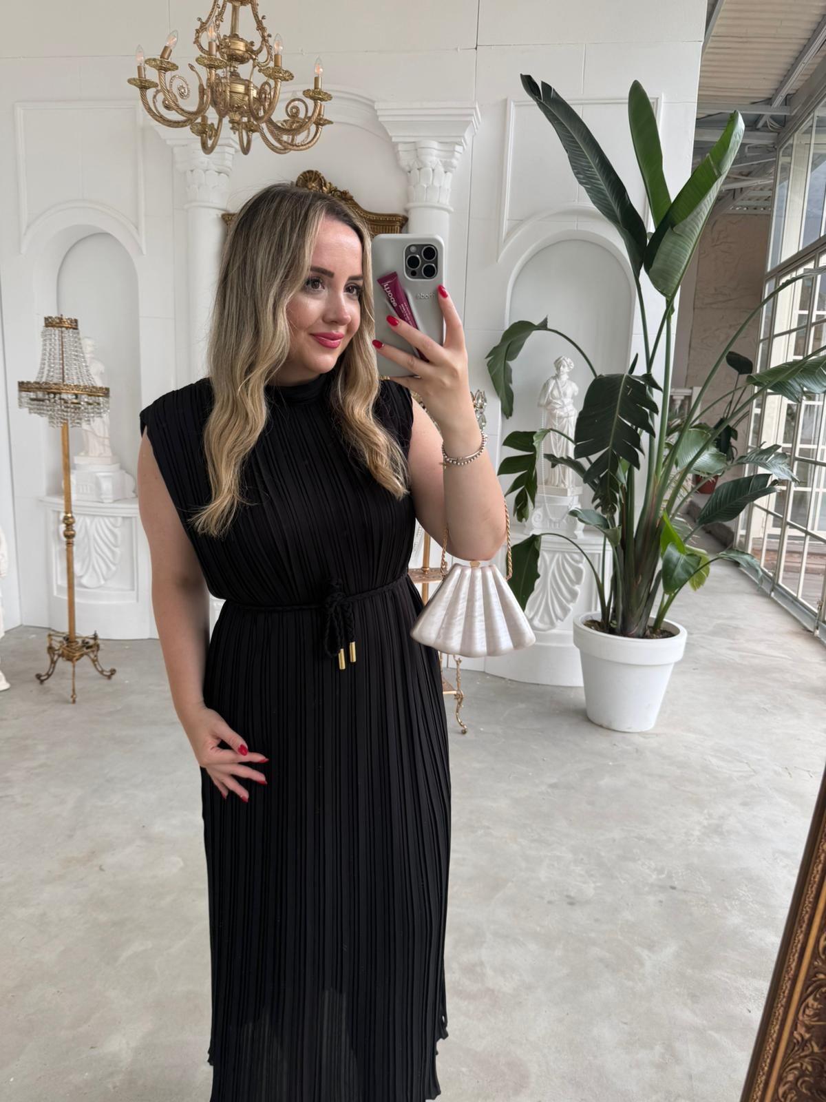 LİNA PİLİSE ÖRGÜ KEMERLİ ELBİSE SİYAH