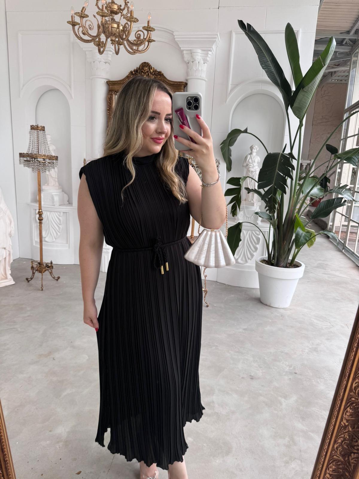 LİNA PİLİSE ÖRGÜ KEMERLİ ELBİSE SİYAH