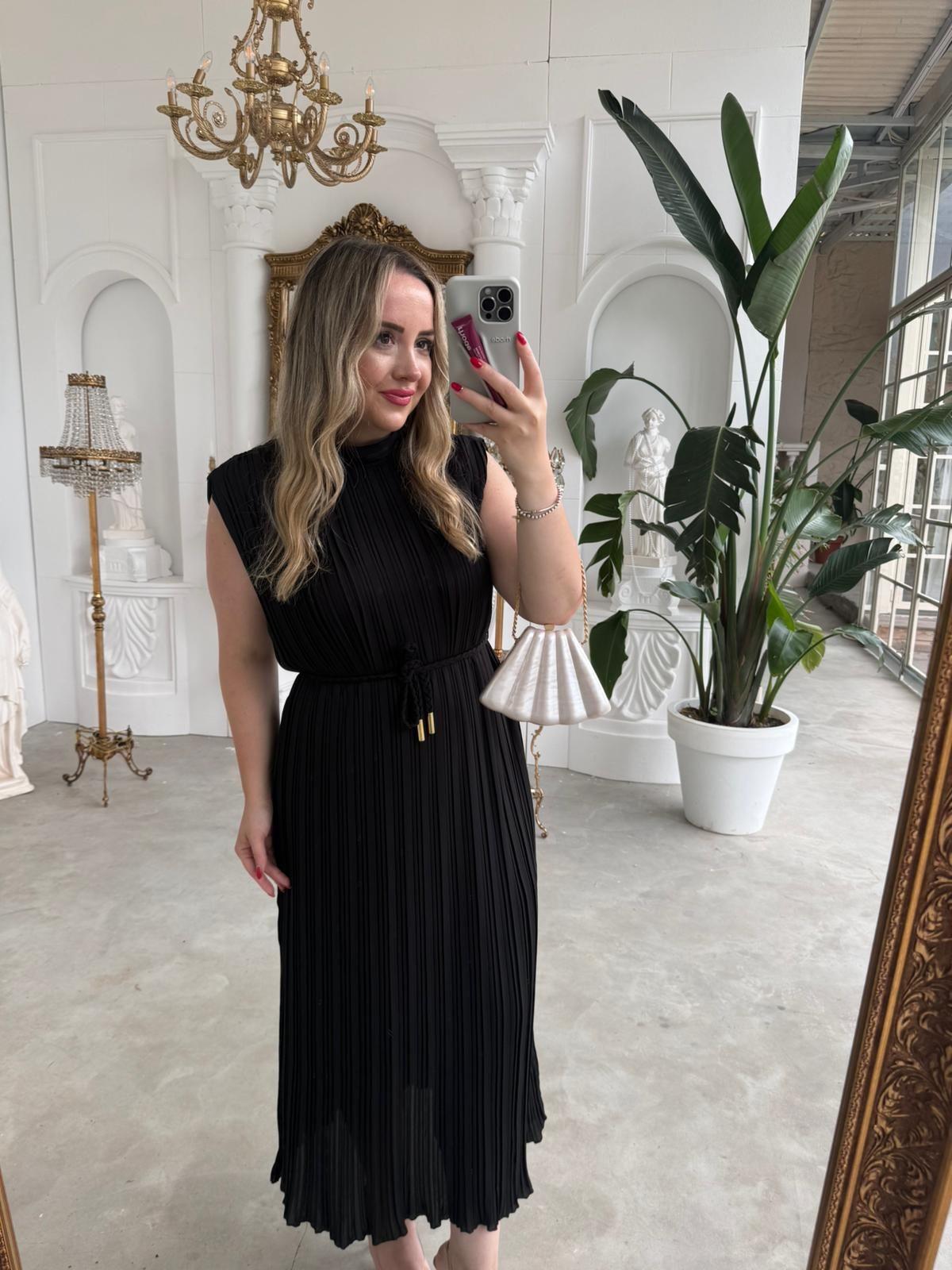 LİNA PİLİSE ÖRGÜ KEMERLİ ELBİSE SİYAH