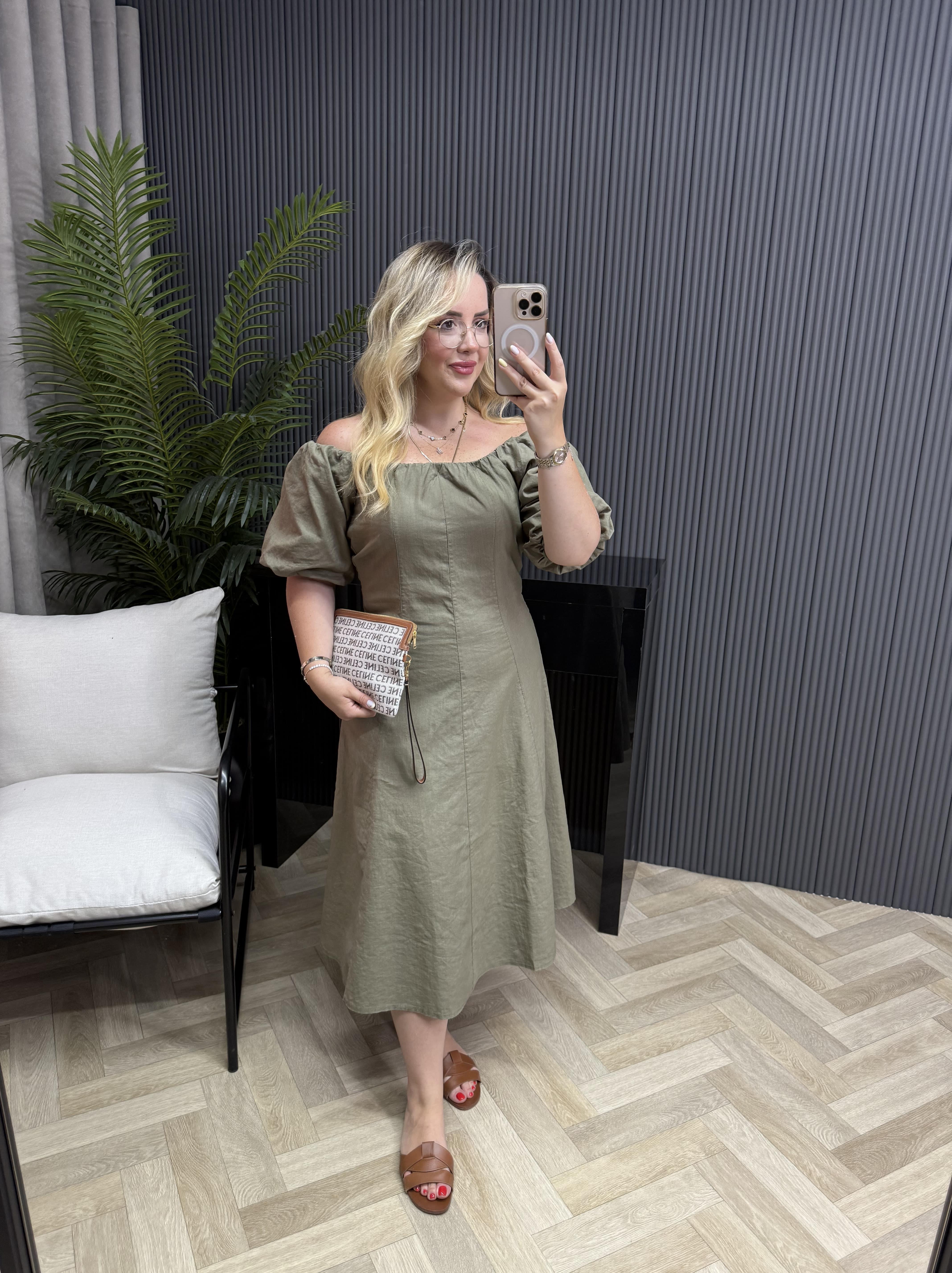 Madonna Yaka Keten Elbise Haki