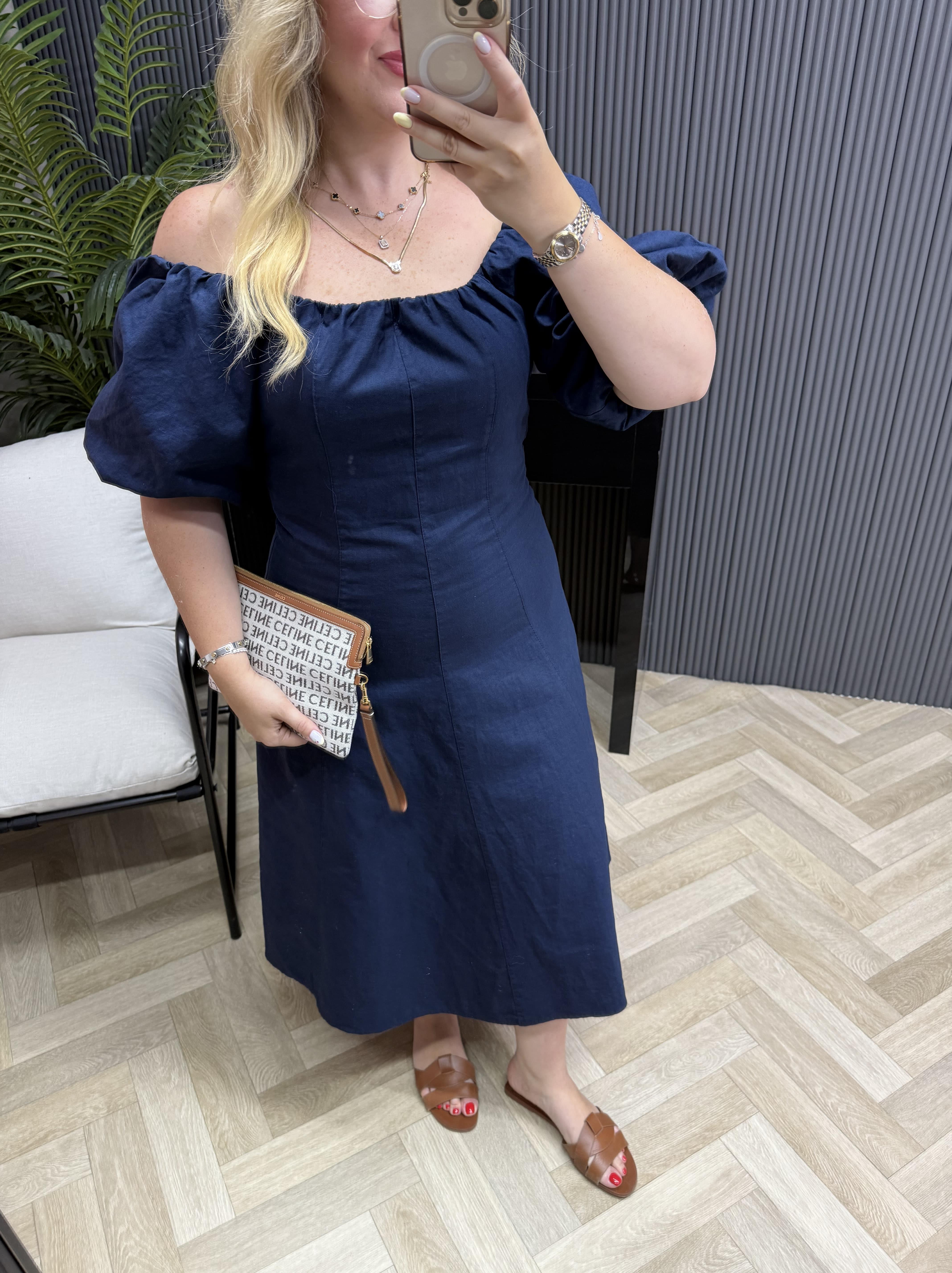 Madonna Yaka Keten Elbise Lacivert