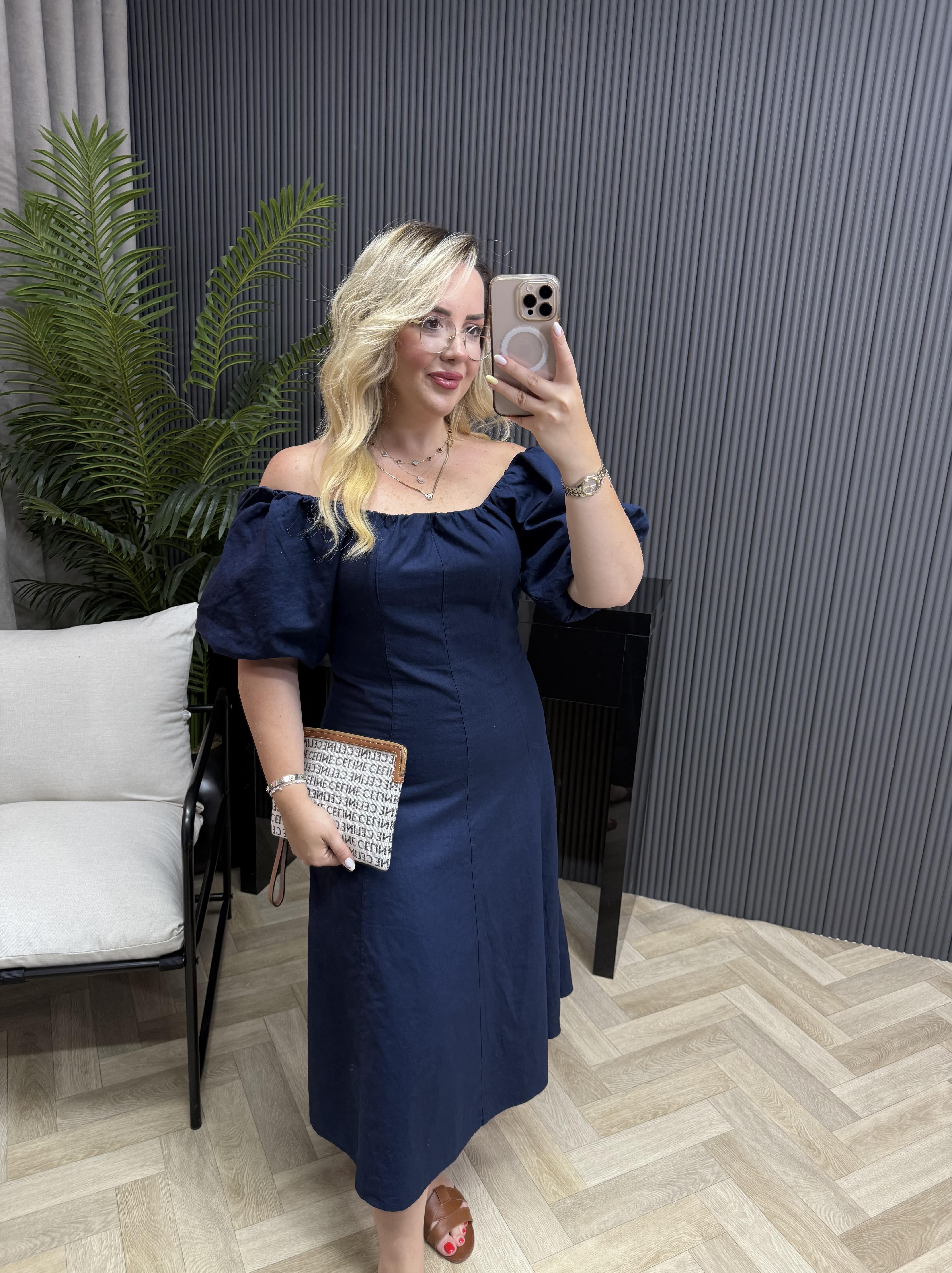 Madonna Yaka Keten Elbise Lacivert