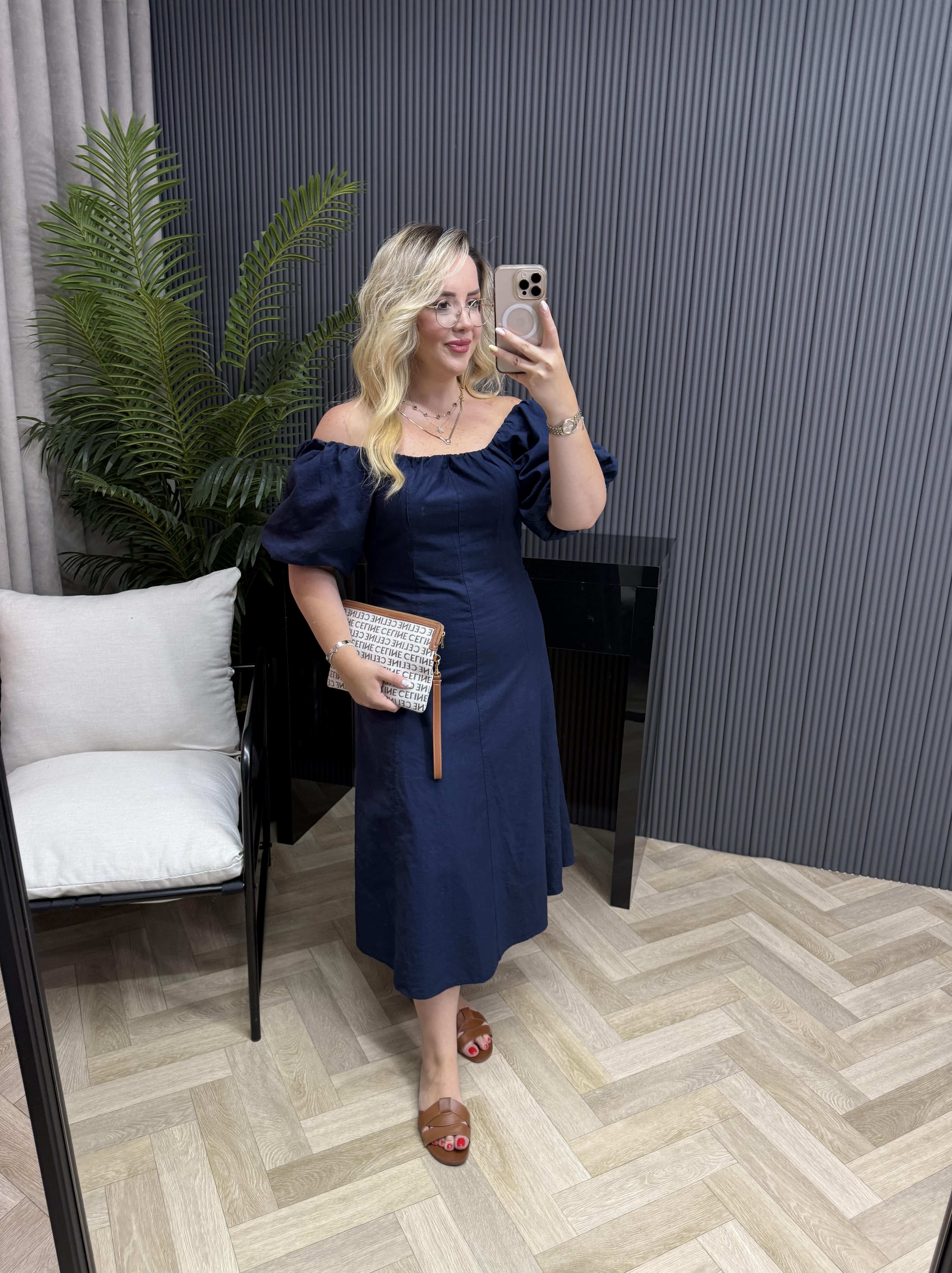 Madonna Yaka Keten Elbise Lacivert