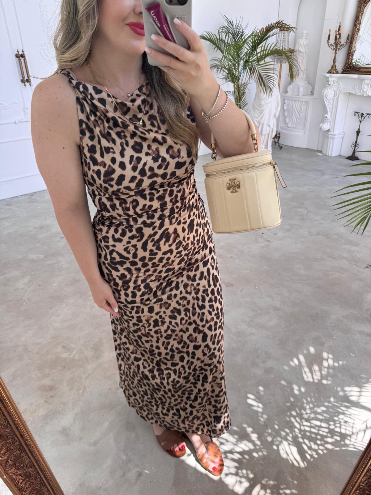 MARKA MODEL LEOPAR ASKILI SATEN ELBİSE