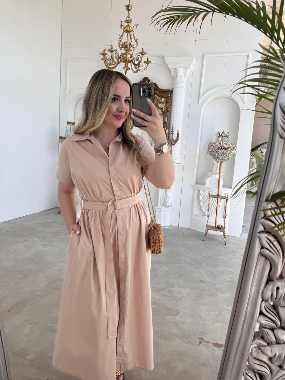 MATİLDA KISA KOLLU PAMUK SATEN ELBİSE BEJ