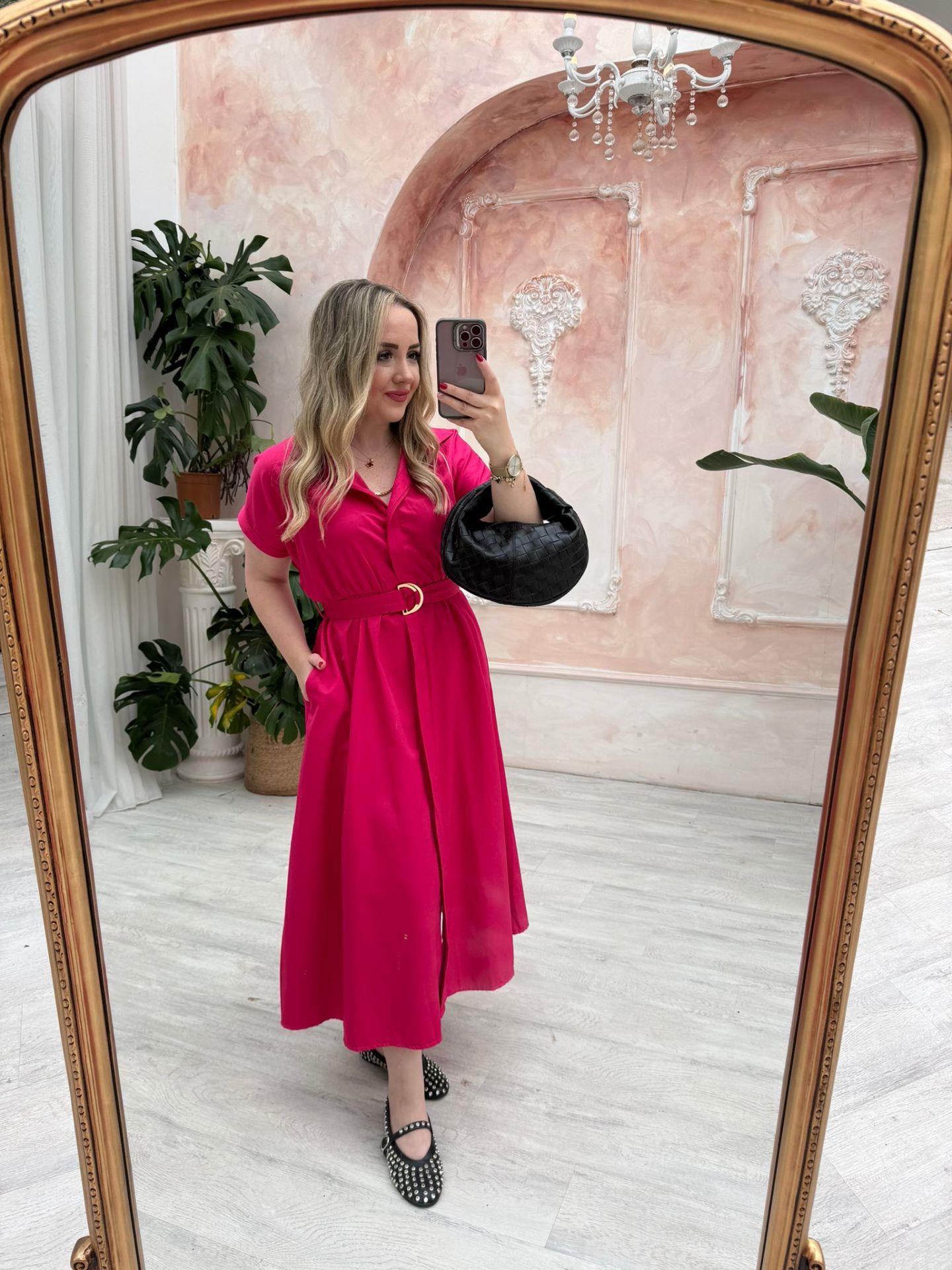 MATİLDA KISA KOLLU PAMUK SATEN ELBİSE FUŞYA